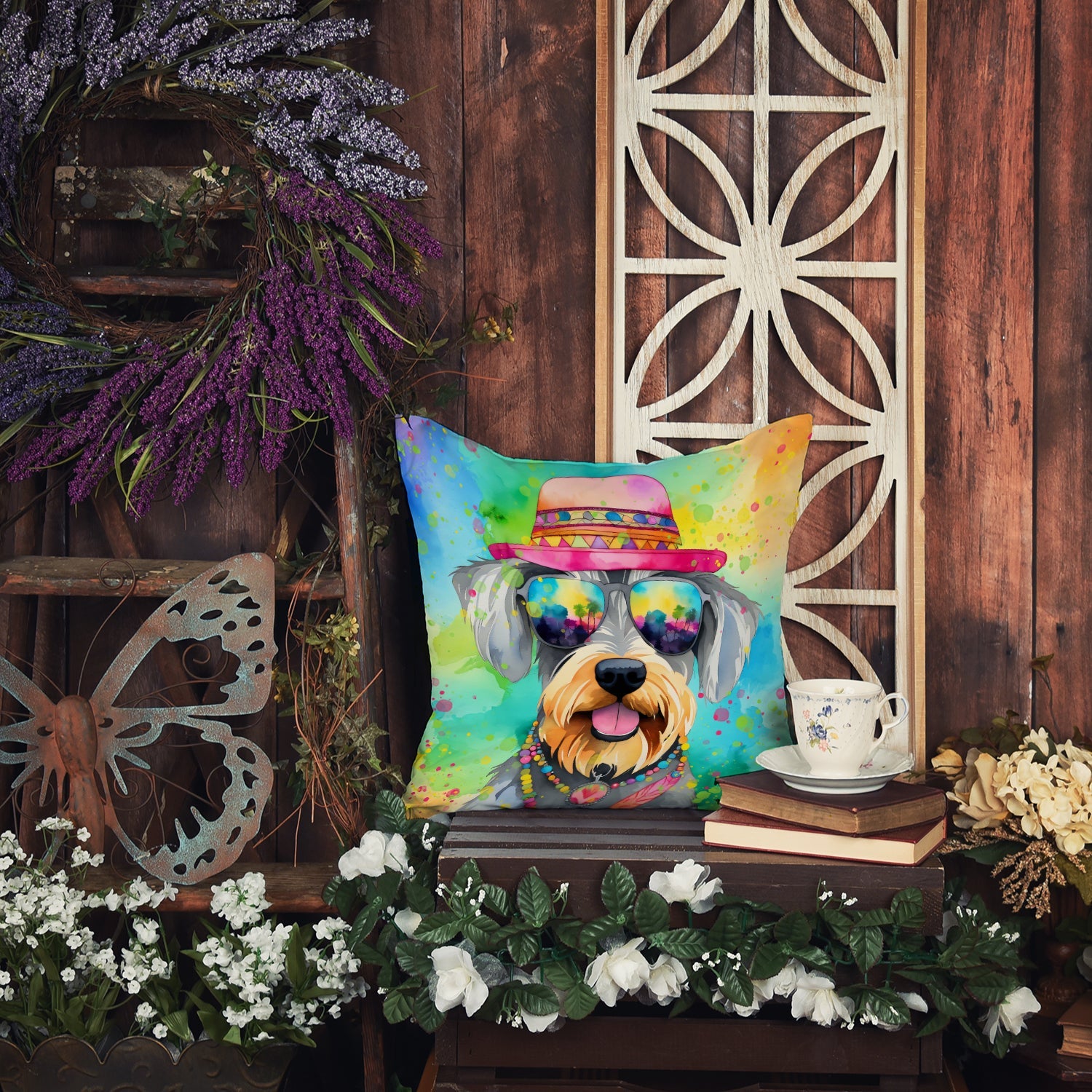 Schnauzer Hippie Dawg Decorative Throw Pillow 14x14 Indoor Outdoor Accent Cushion, Fabric Cover with Insert for Sofa, Bed, Porch & Living Room