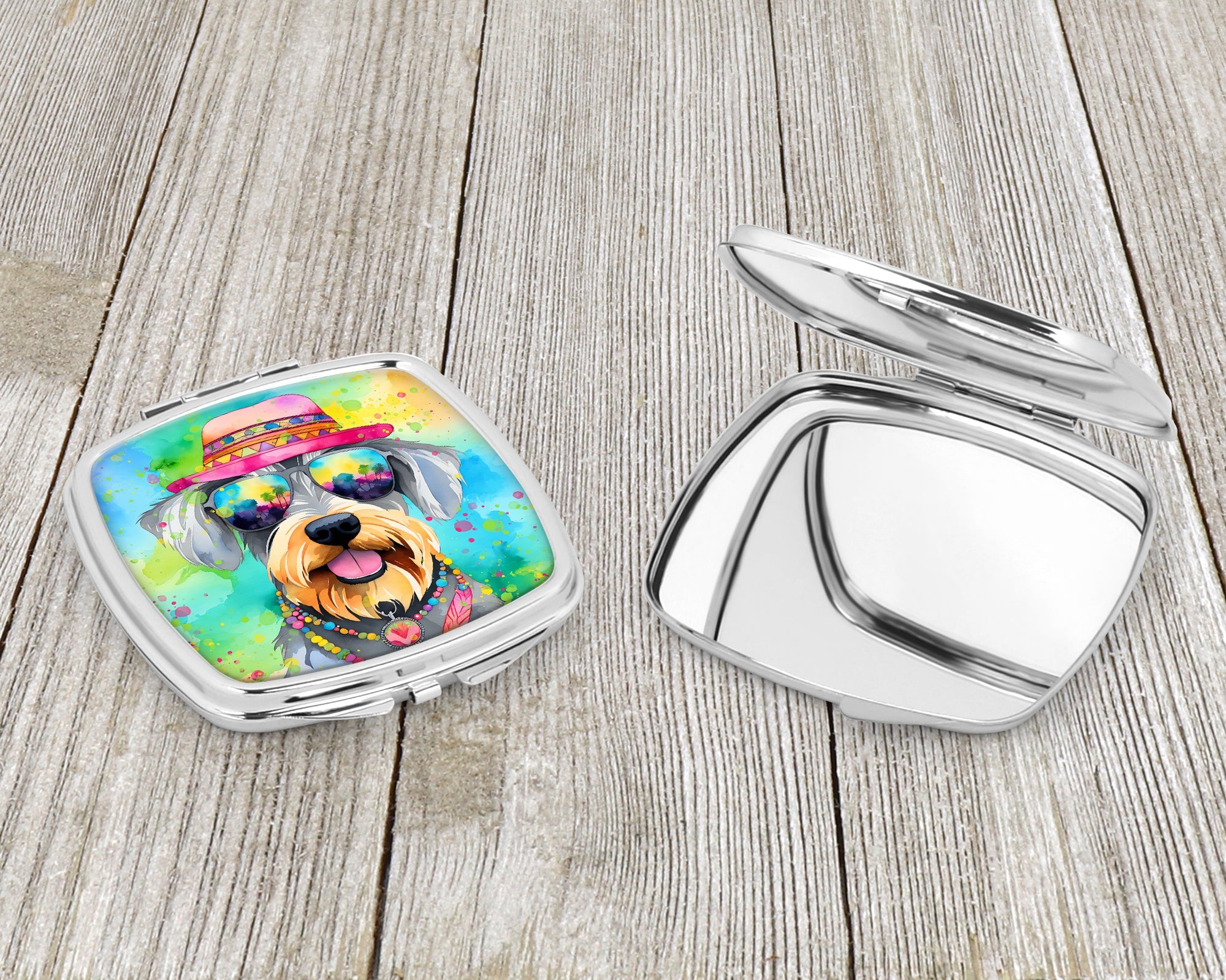 Schnauzer Hippie Dawg Compact Mirror Decorative Travel Makeup Mirror for Women Girls Gifts Pocket Makeup Mirror Folding Handheld