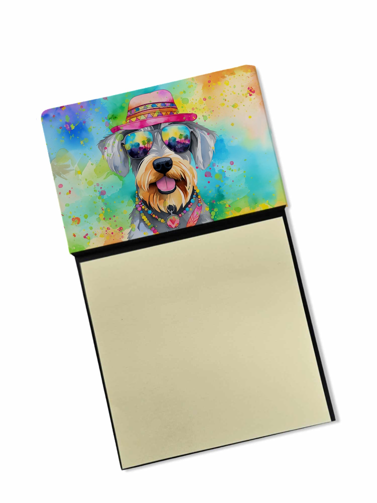 Schnauzer Hippie Dawg Watercolor Sticky Note Holder Refillable Dispenser Desk Accessory 3x3 Pad Gift