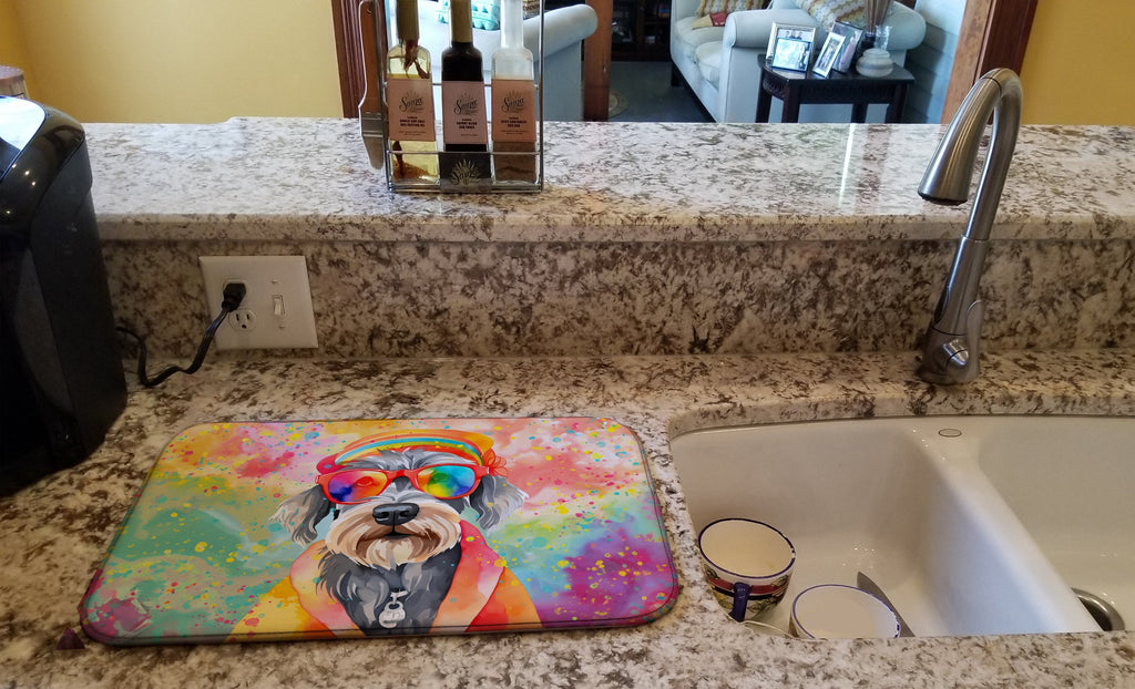 Schnauzer Hippie Dawg Dish Drying Mat Absorbent Dish Drying Mat Pad for Kitchen Counter Dish Drainer Mat for Countertop, 14 x 21", Multicolor