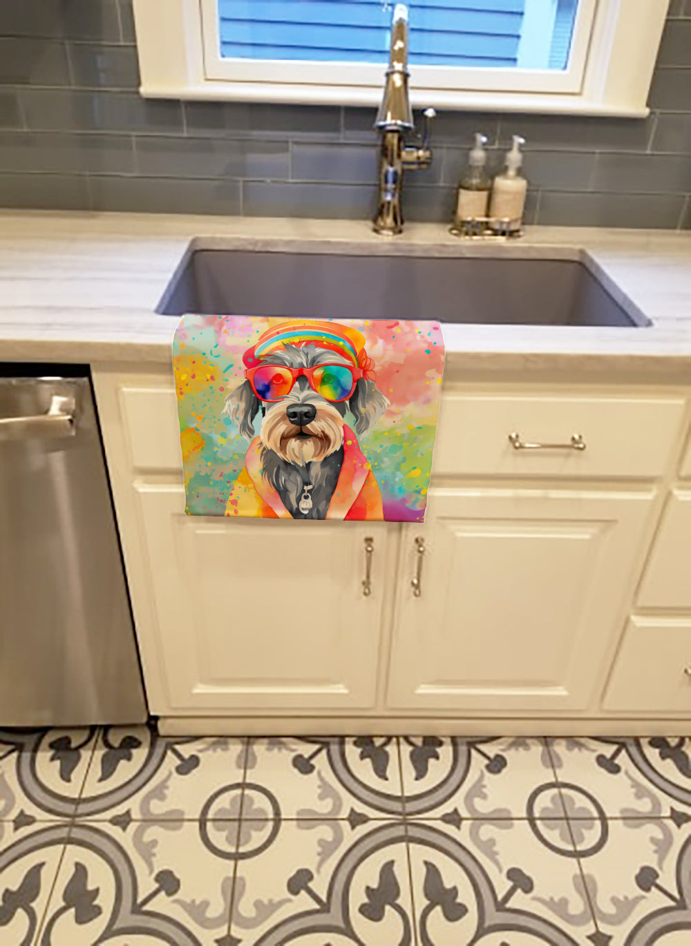 Schnauzer Hippie Dawg Kitchen Towel Velour Plush Front and Cotton Loop Back Machine Washable