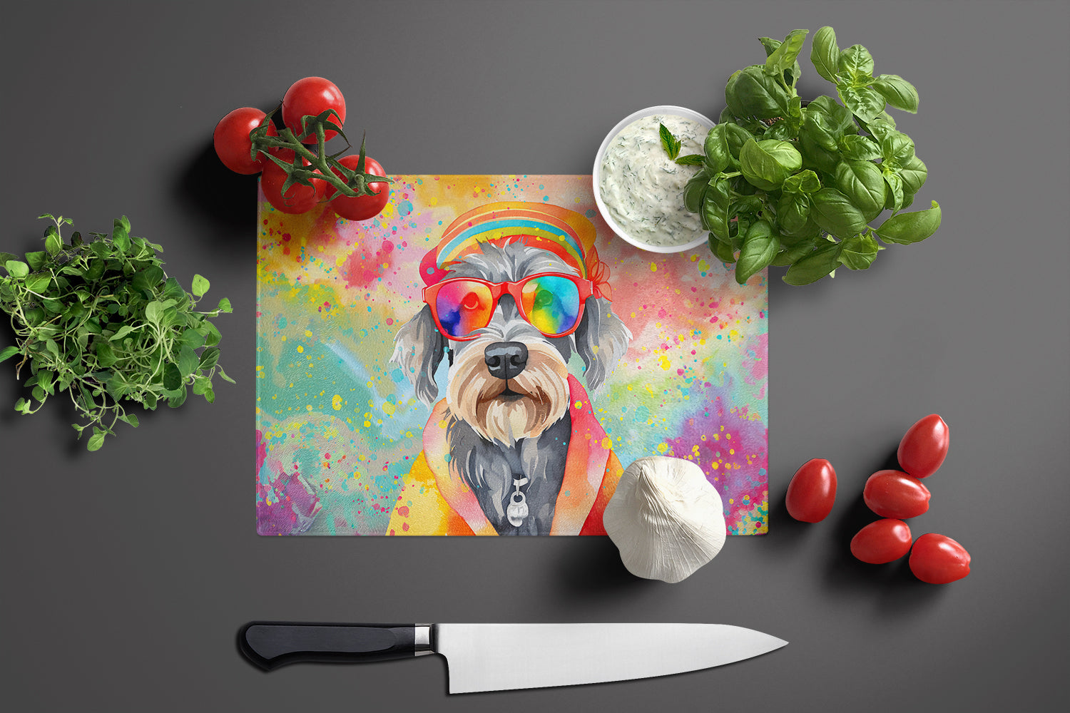 Schnauzer Hippie Dawg Cutting Board Tempered Glass Kitchen Cutting Surface, Heat Resistant Chopping, Non-Slip Feet, Food Prep & Serving