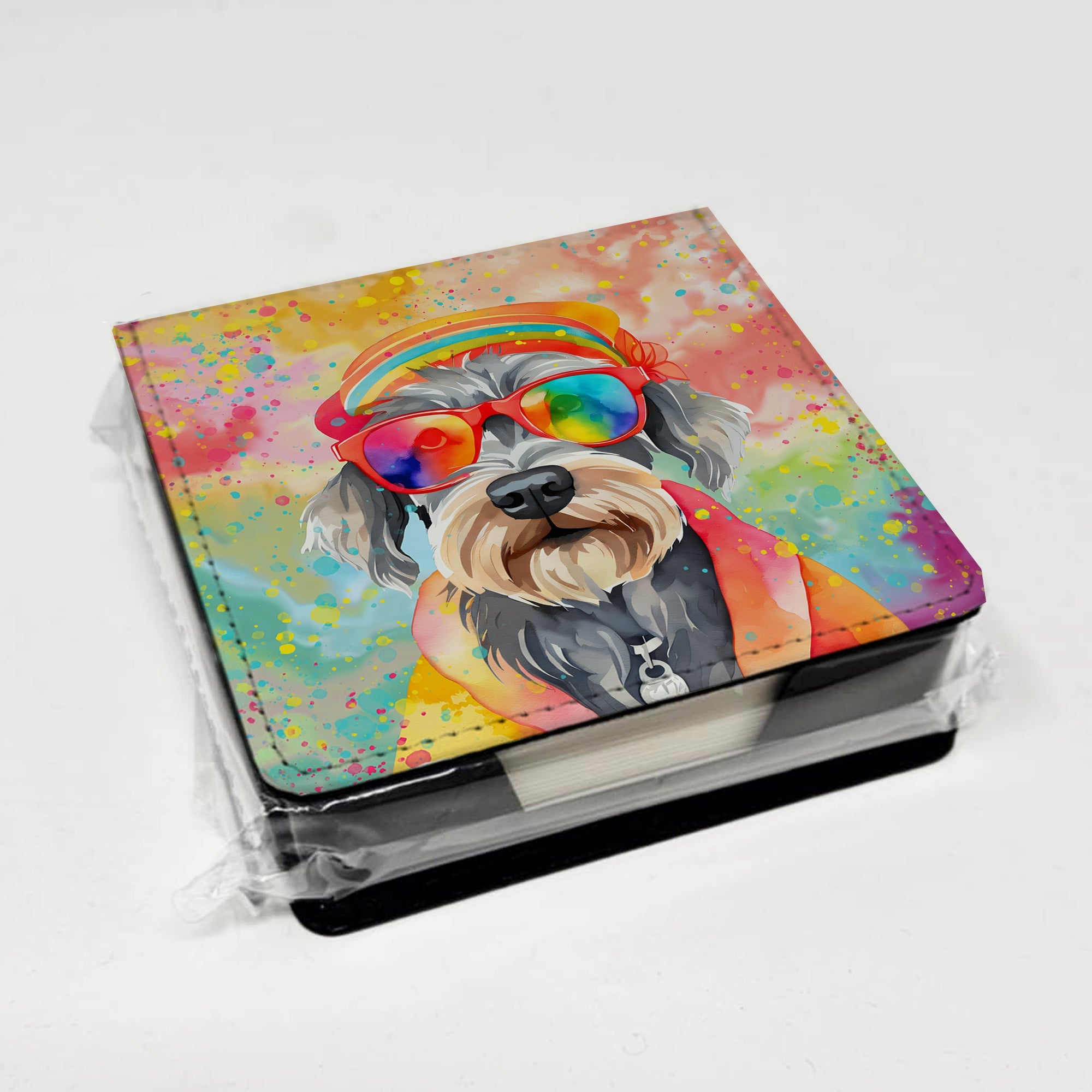Schnauzer Hippie Dawg PU Leather Note Paper Holder with Artist-Designed Cover, Desk Accessory, Office Gift
