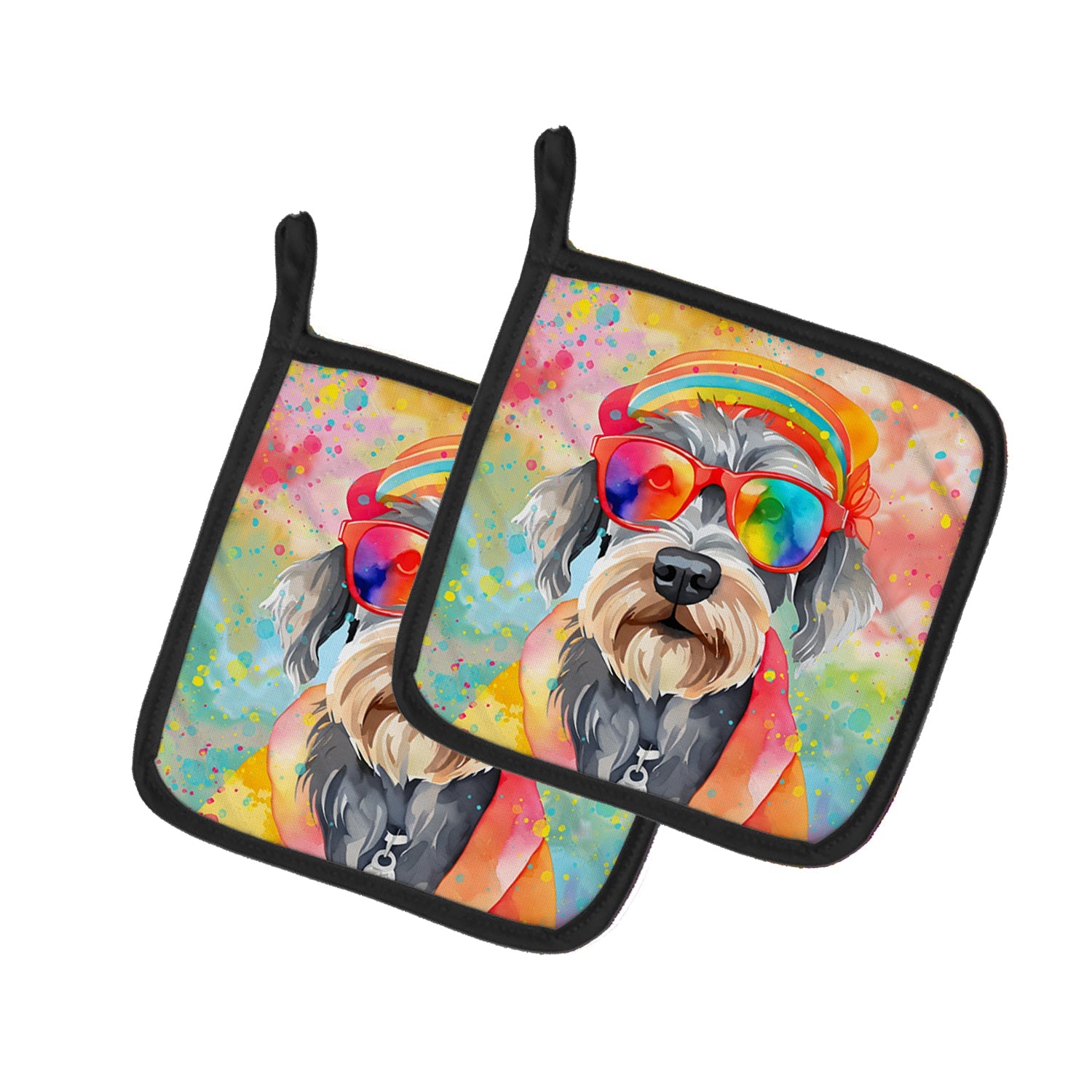 Schnauzer Hippie Dawg Pot Holder Set of 2 Heat Resistant Quilted Hot Pads 7.5 x 7.5 Inch, Insulated Kitchen Trivets for Cooking & Baking