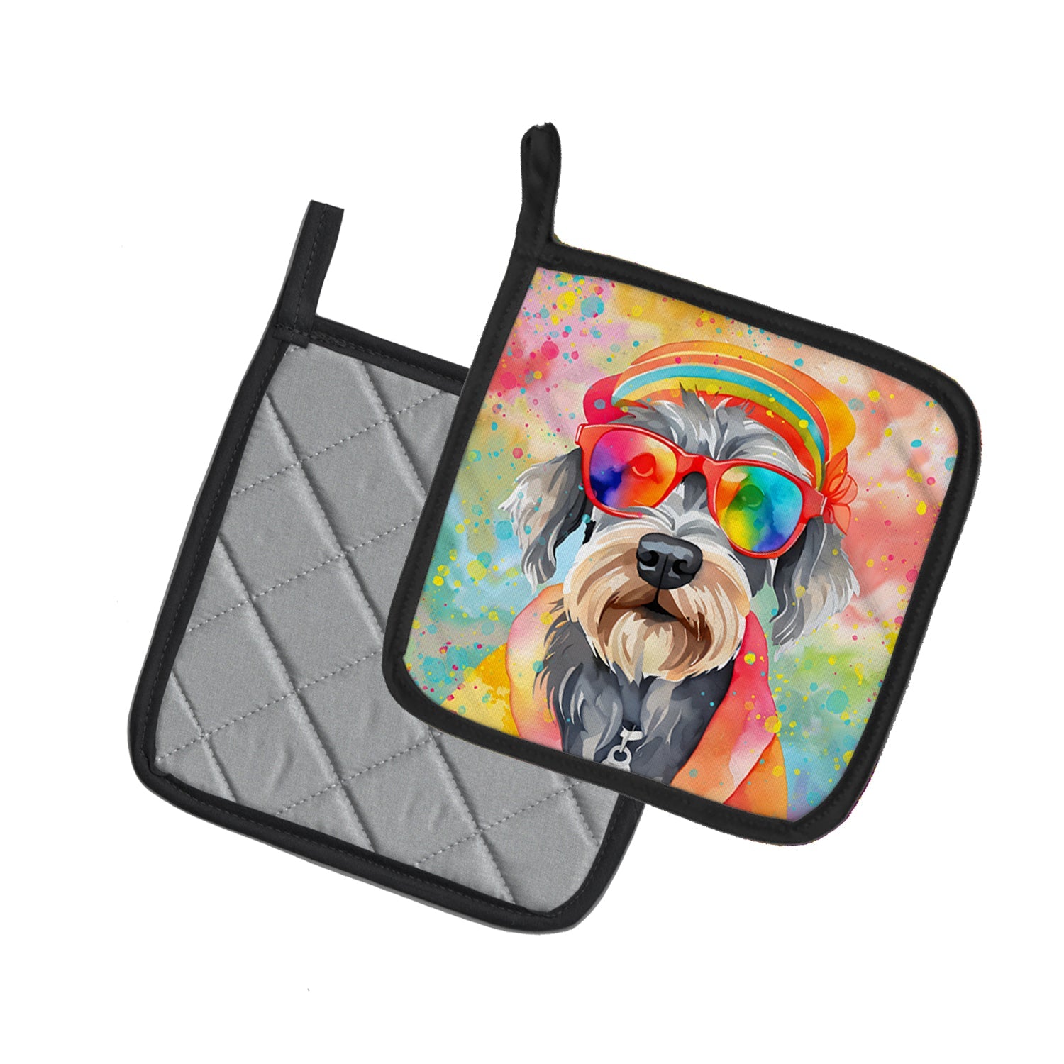 Schnauzer Hippie Dawg Pot Holder Set of 2 Heat Resistant Quilted Hot Pads 7.5 x 7.5 Inch, Insulated Kitchen Trivets for Cooking & Baking