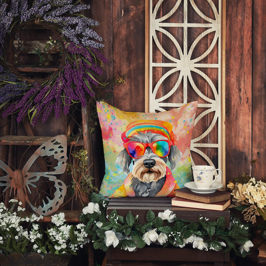 Schnauzer Hippie Dawg Decorative Throw Pillow 14x14 Indoor Outdoor Accent Cushion, Fabric Cover with Insert for Sofa, Bed, Porch & Living Room