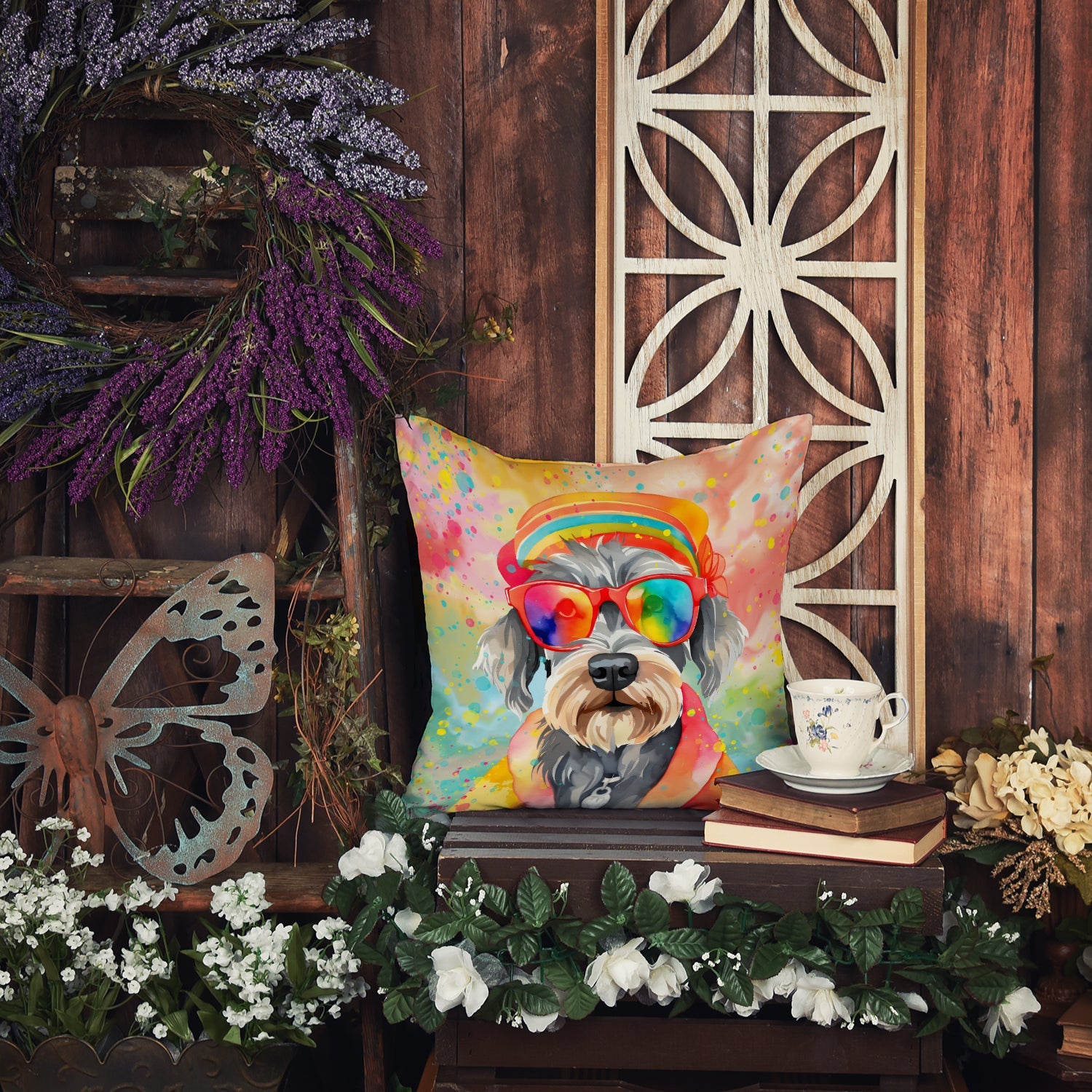 Schnauzer Hippie Dawg Decorative Throw Pillow 14x14 Indoor Outdoor Accent Cushion, Fabric Cover with Insert for Sofa, Bed, Porch & Living Room