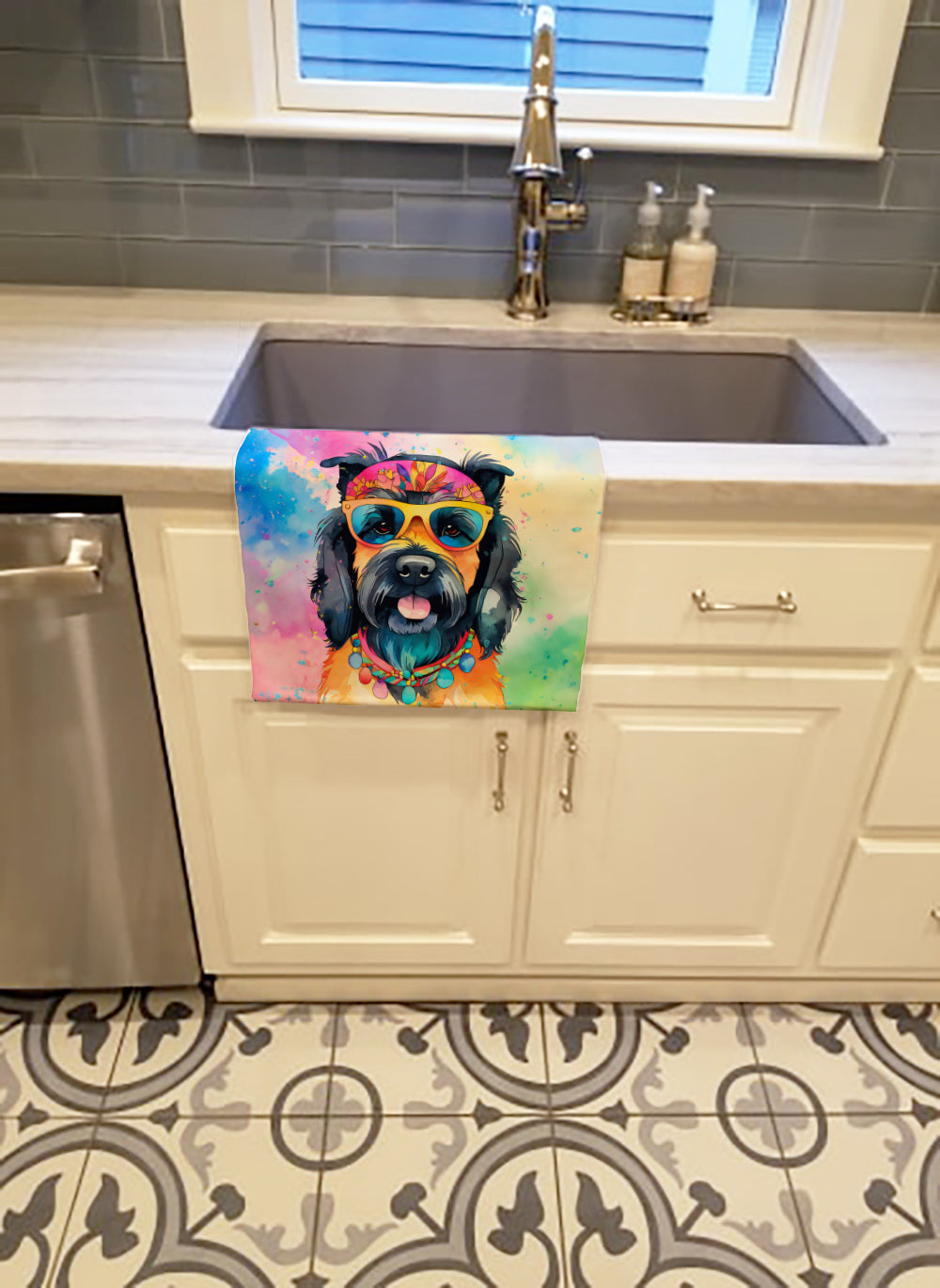 Scottish Terrier Hippie Dawg Kitchen Towel Velour Plush Front and Cotton Loop Back Machine Washable