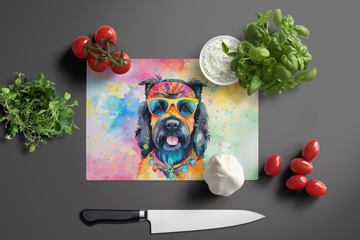 Scottish Terrier Hippie Dawg Cutting Board Tempered Glass Kitchen Cutting Surface, Heat Resistant Chopping, Non-Slip Feet, Food Prep & Serving