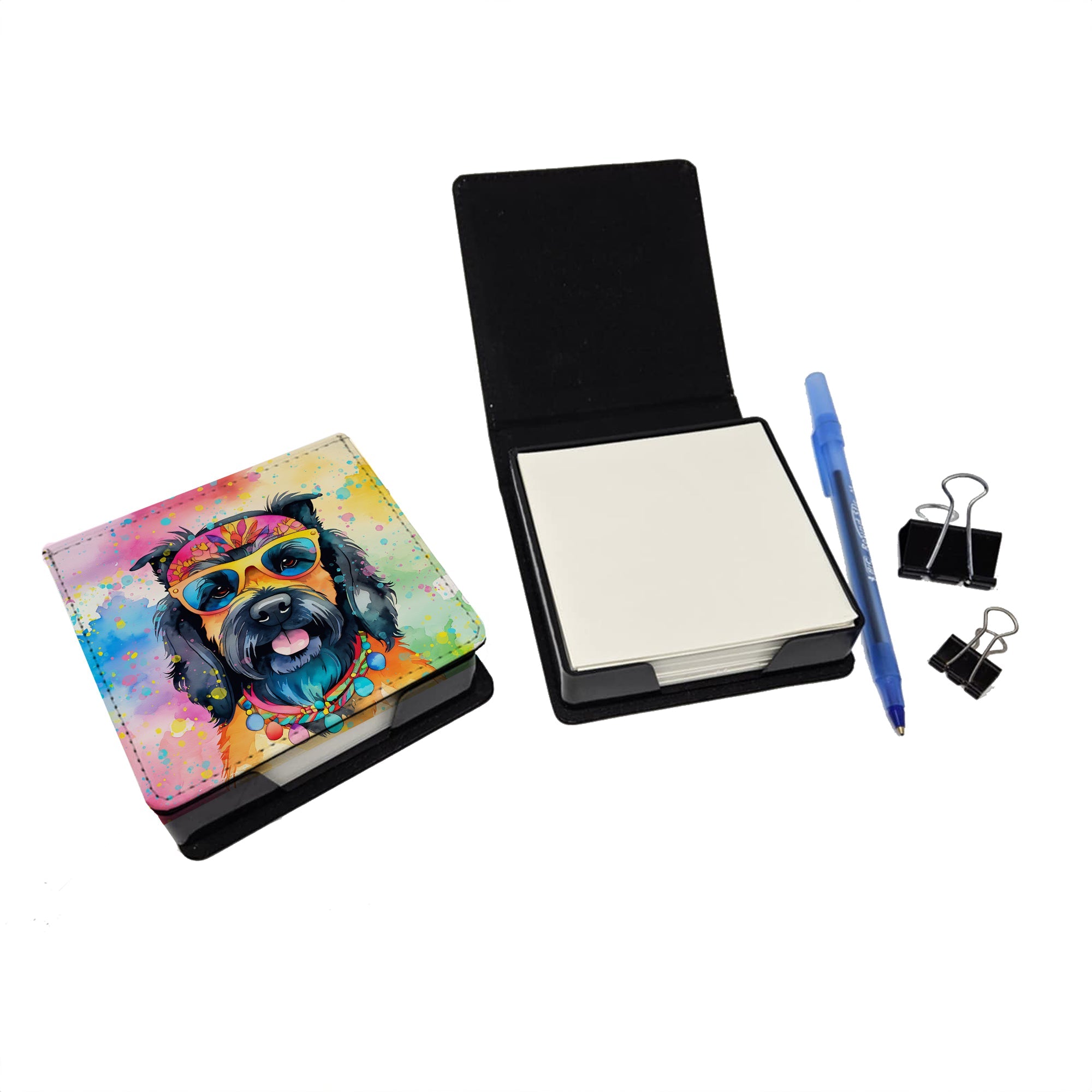 Scottish Terrier Hippie Dawg PU Leather Note Paper Holder with Artist-Designed Cover, Desk Accessory, Office Gift