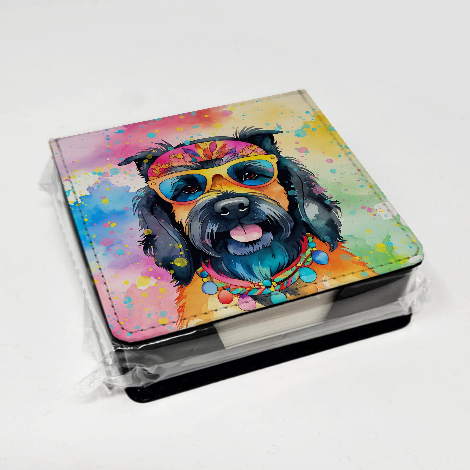 Scottish Terrier Hippie Dawg PU Leather Note Paper Holder with Artist-Designed Cover, Desk Accessory, Office Gift