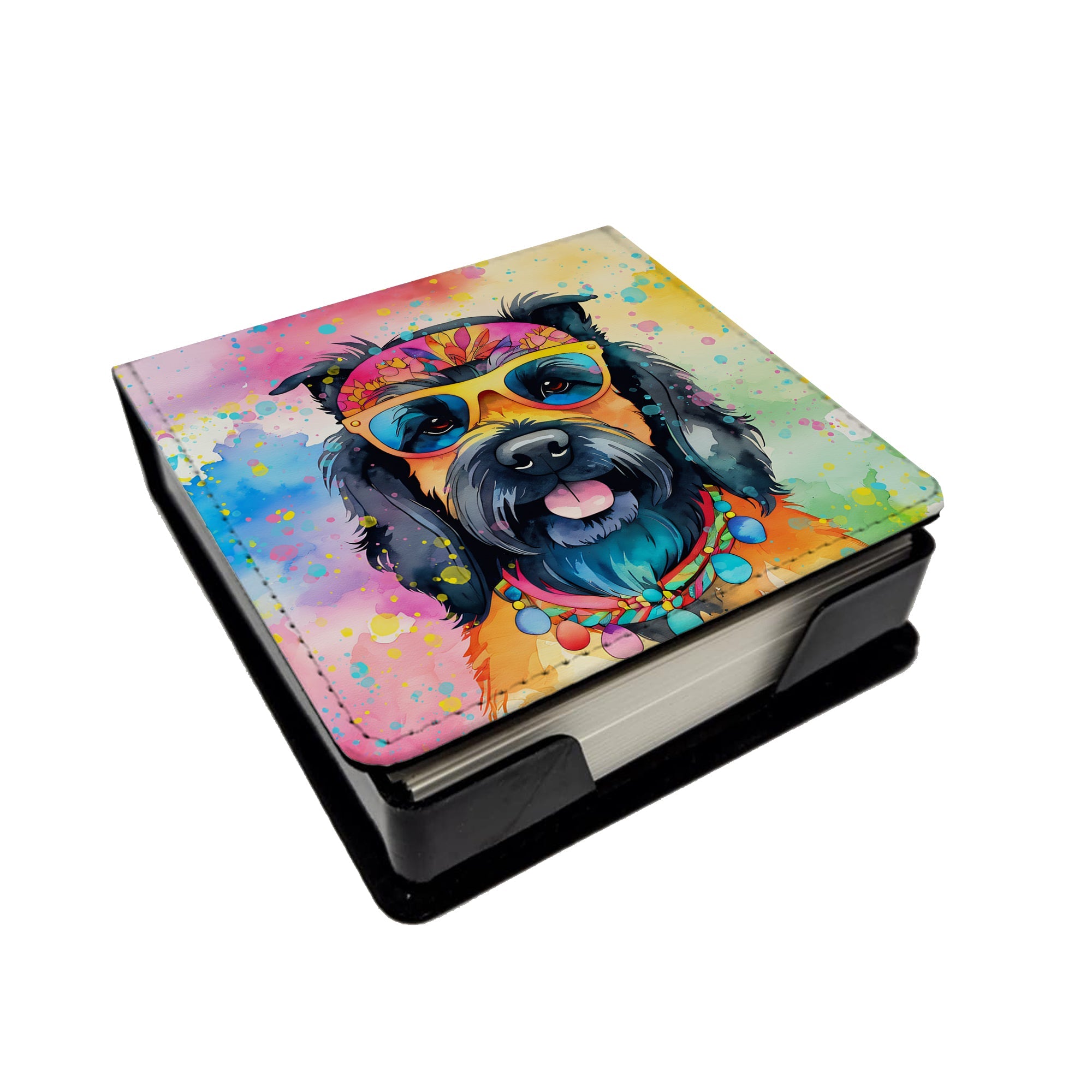 Scottish Terrier Hippie Dawg PU Leather Note Paper Holder with Artist-Designed Cover, Desk Accessory, Office Gift