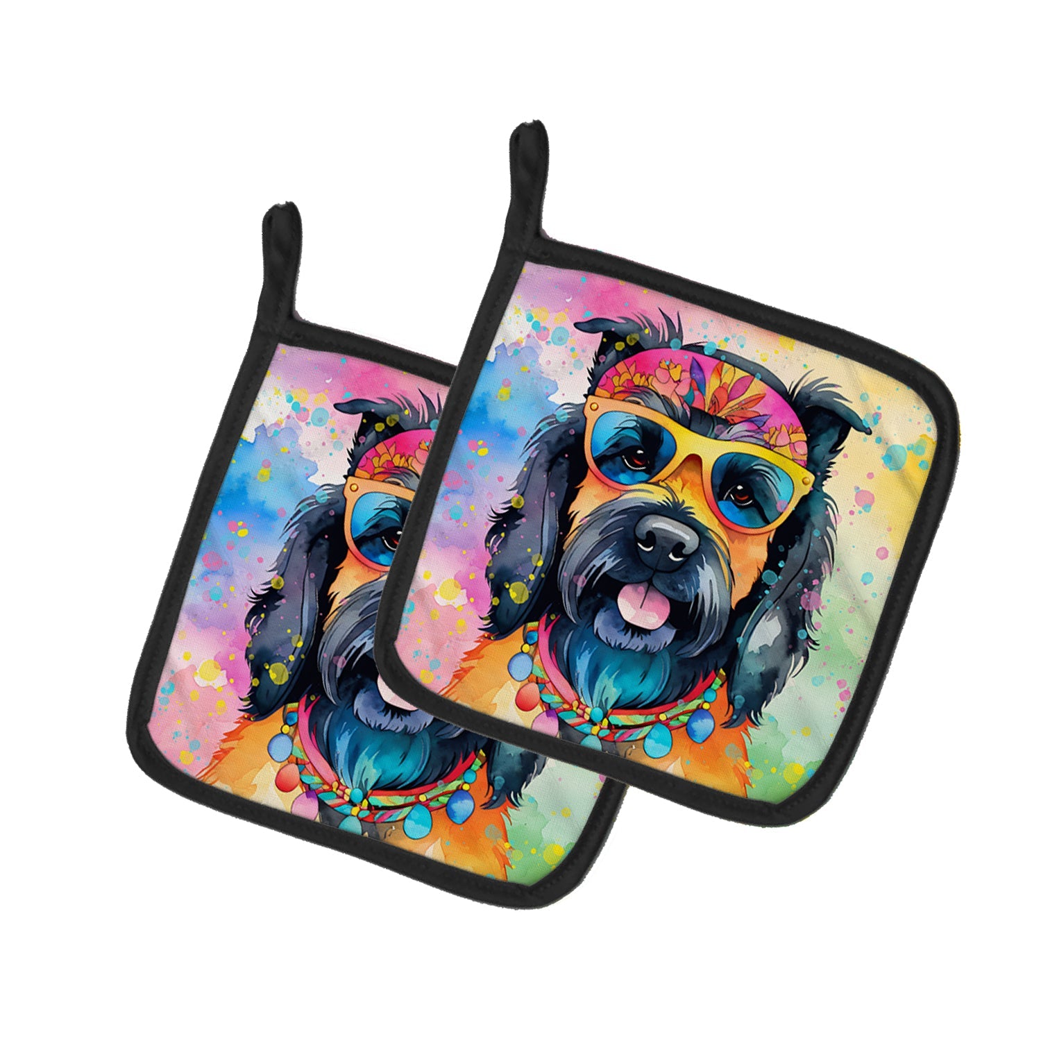 Scottish Terrier Hippie Dawg Pot Holder Set of 2 Heat Resistant Quilted Hot Pads 7.5 x 7.5 Inch, Insulated Kitchen Trivets for Cooking & Baking