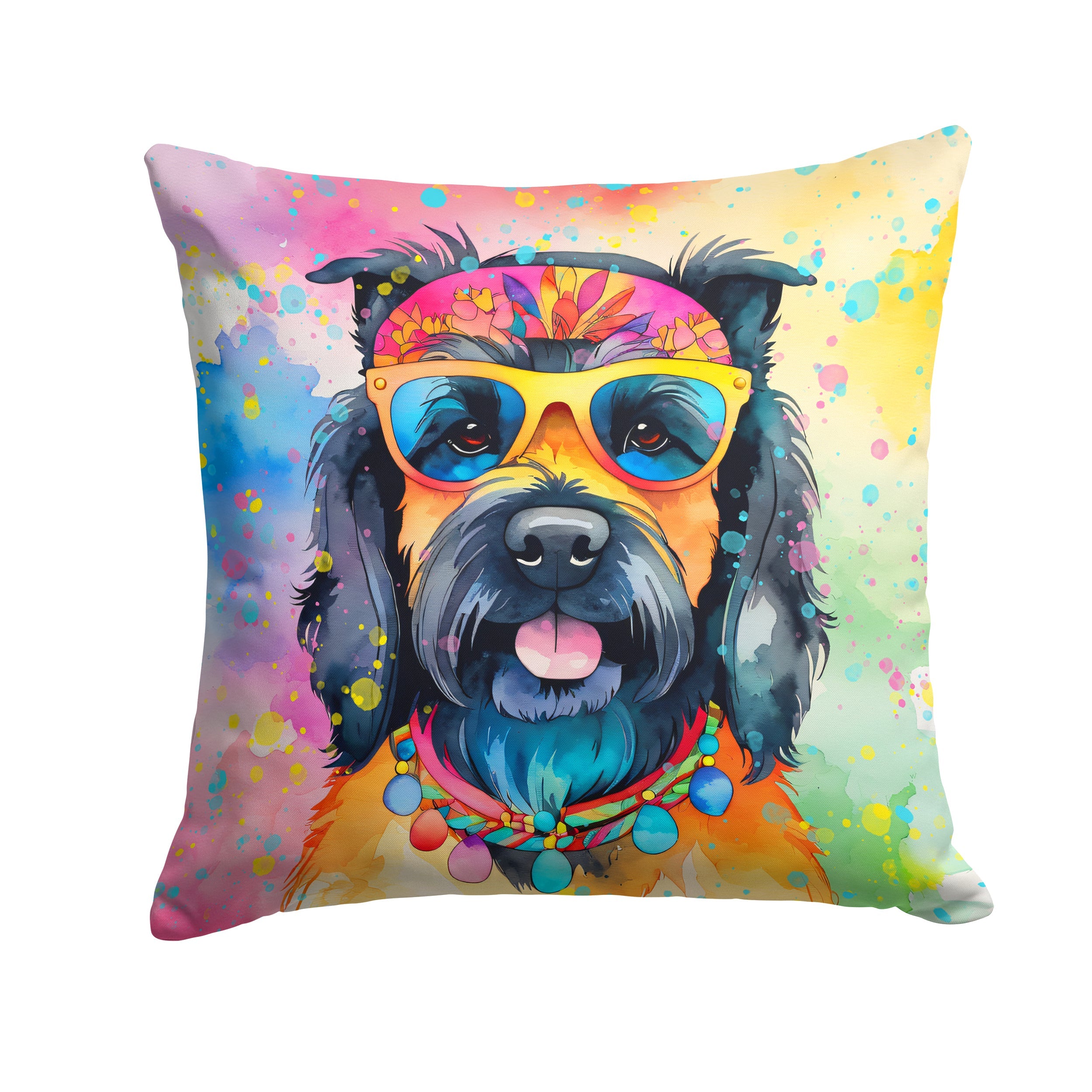 Scottish Terrier Hippie Dawg Decorative Throw Pillow 14x14 Indoor Outdoor Accent Cushion, Fabric Cover with Insert for Sofa, Bed, Porch & Living Room
