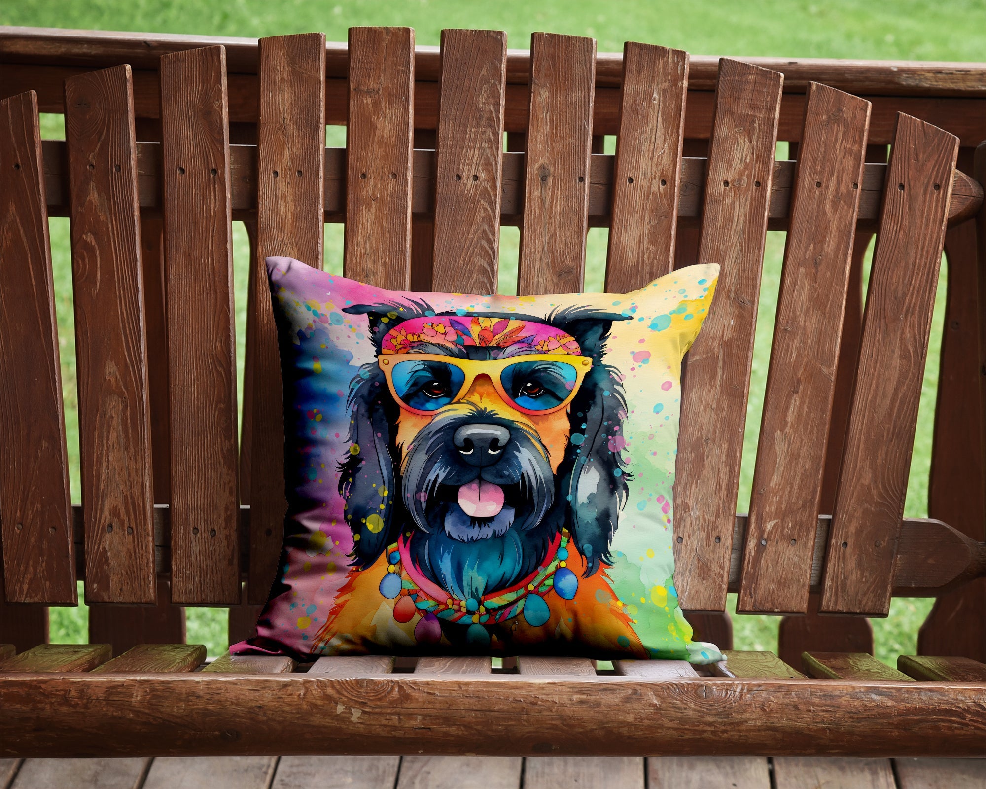 Scottish Terrier Hippie Dawg Decorative Throw Pillow 14x14 Indoor Outdoor Accent Cushion, Fabric Cover with Insert for Sofa, Bed, Porch & Living Room