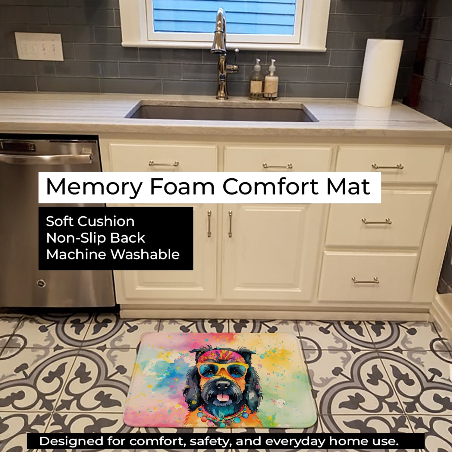 Scottish Terrier Hippie Dawg Memory Foam Kitchen Mat Machine Washable Anti-Fatigue Cushion Comfort Bath or Kitchen Rug