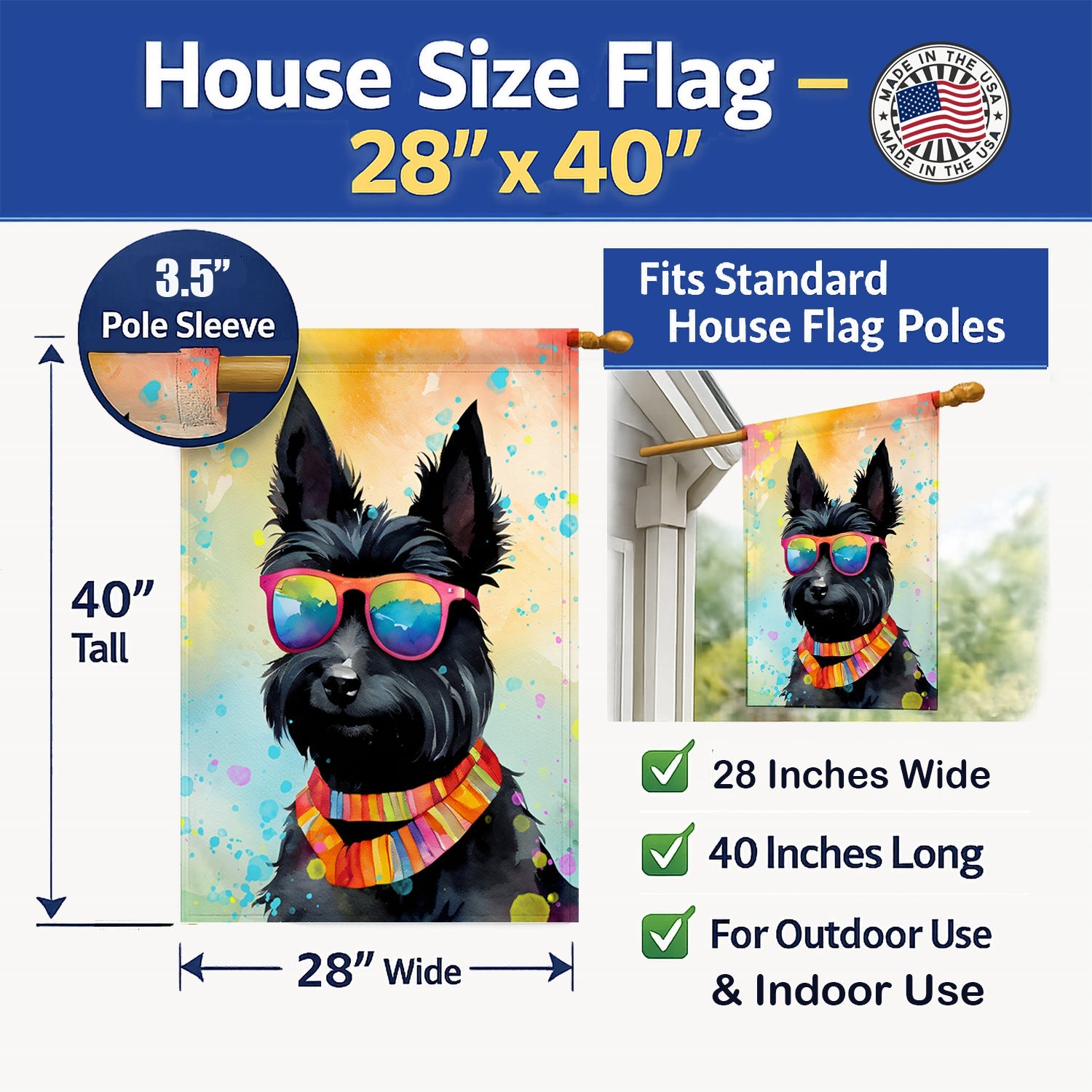Scottish Terrier Hippie Dawg House Flag 28x40 Porch Sleeve Pole Decorative Outside Yard Banner Artwork Wall Hanging, Polyester