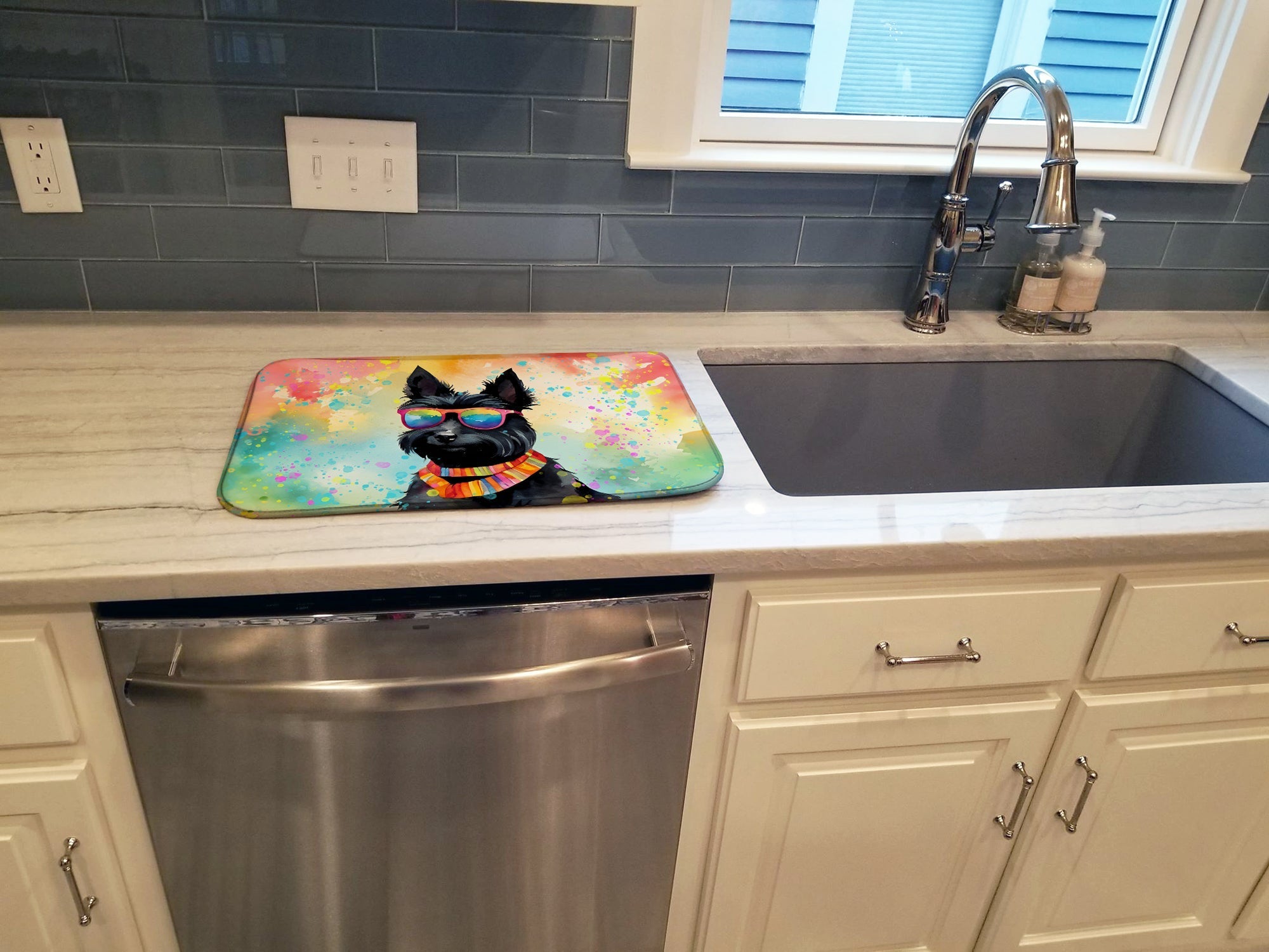 Scottish Terrier Hippie Dawg Dish Drying Mat Absorbent Dish Drying Mat Pad for Kitchen Counter Dish Drainer Mat for Countertop, 14 x 21", Multicolor