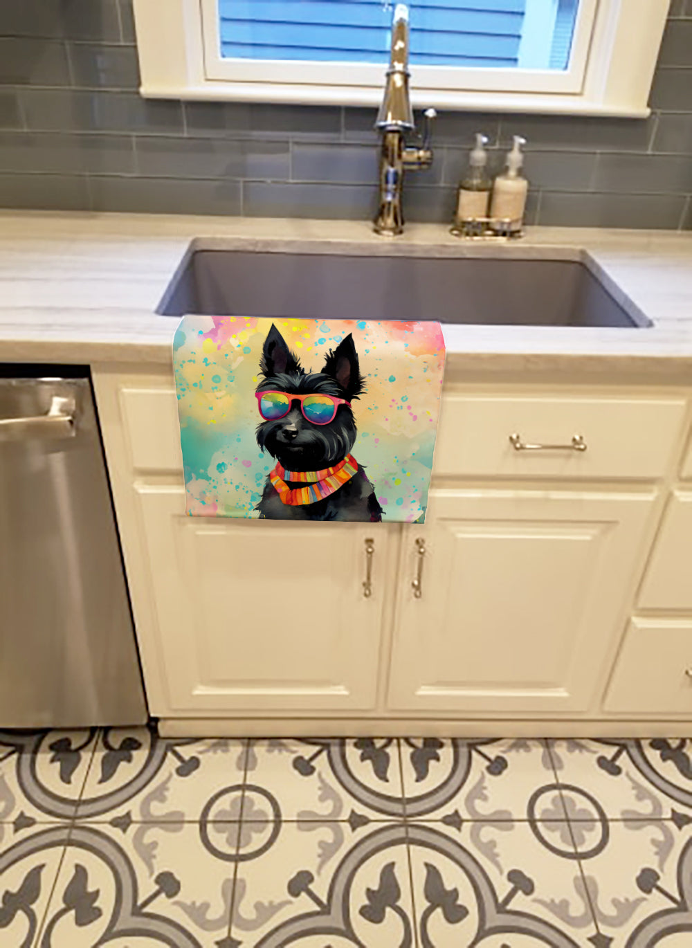 Scottish Terrier Hippie Dawg Kitchen Towel Velour Plush Front and Cotton Loop Back Machine Washable