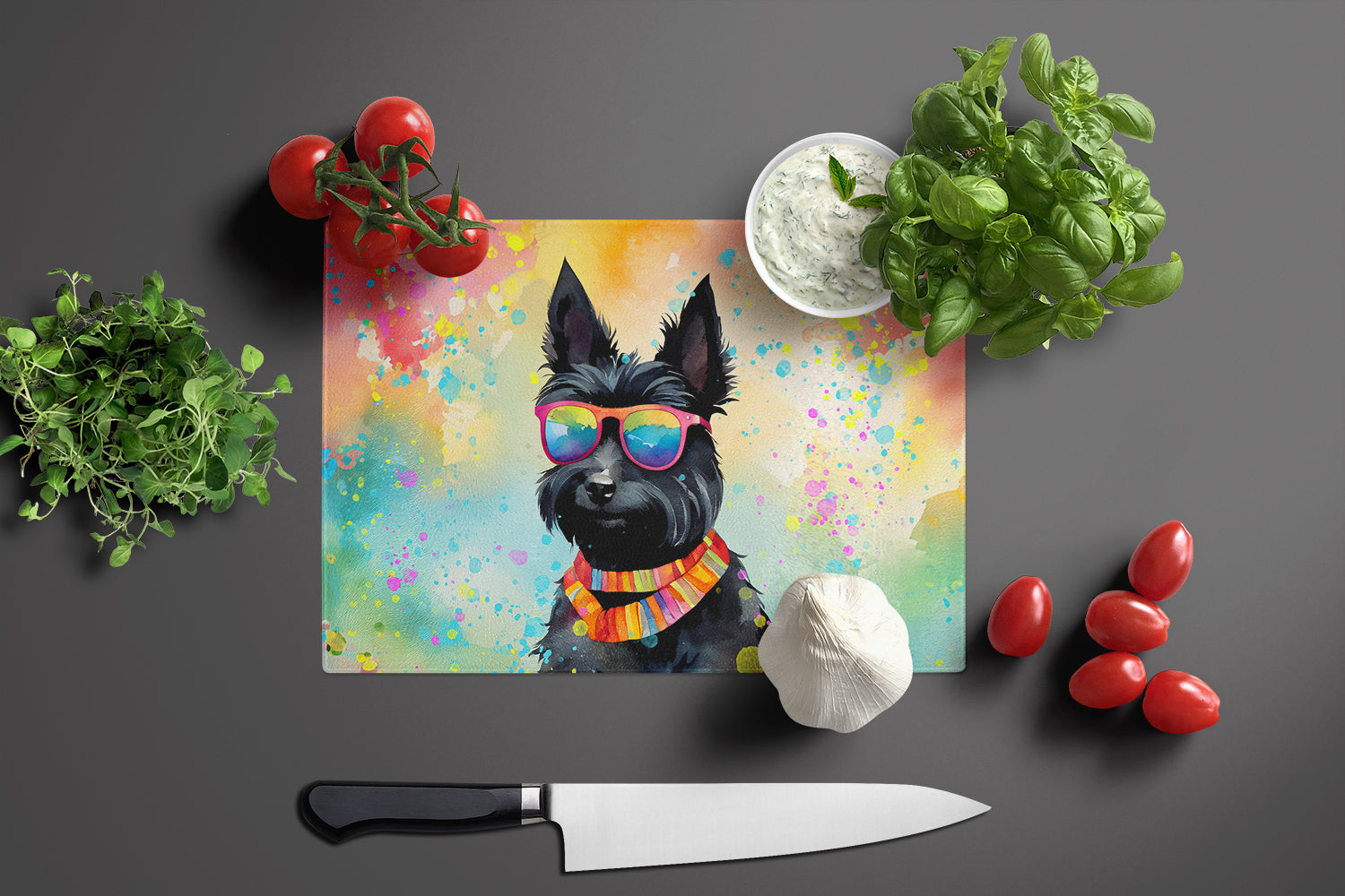 Scottish Terrier Hippie Dawg Cutting Board Tempered Glass Kitchen Cutting Surface, Heat Resistant Chopping, Non-Slip Feet, Food Prep & Serving