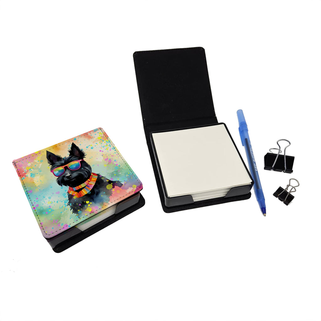 Scottish Terrier Hippie Dawg PU Leather Note Paper Holder with Artist-Designed Cover, Desk Accessory, Office Gift