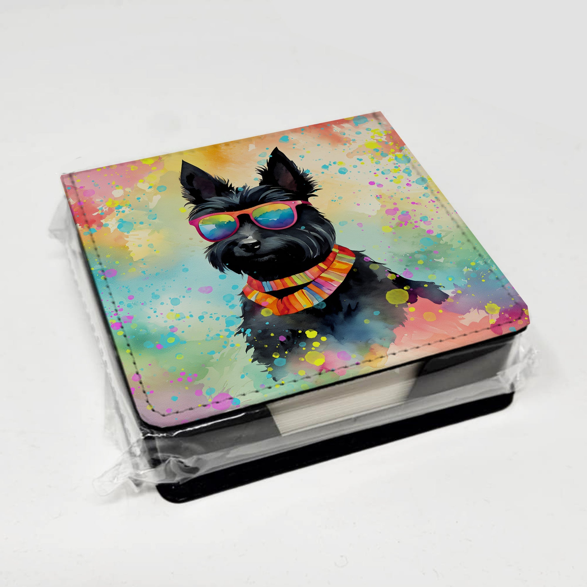 Scottish Terrier Hippie Dawg PU Leather Note Paper Holder with Artist-Designed Cover, Desk Accessory, Office Gift