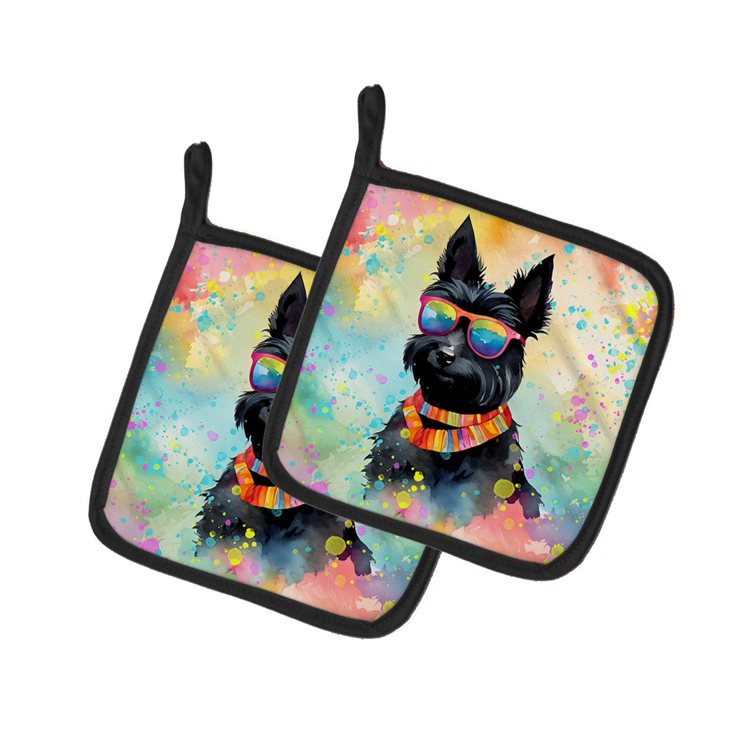 Scottish Terrier Hippie Dawg Pot Holder Set of 2 Heat Resistant Quilted Hot Pads 7.5 x 7.5 Inch, Insulated Kitchen Trivets for Cooking & Baking