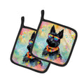 Scottish Terrier Hippie Dawg Pot Holder Set of 2 Heat Resistant Quilted Hot Pads 7.5 x 7.5 Inch, Insulated Kitchen Trivets for Cooking & Baking