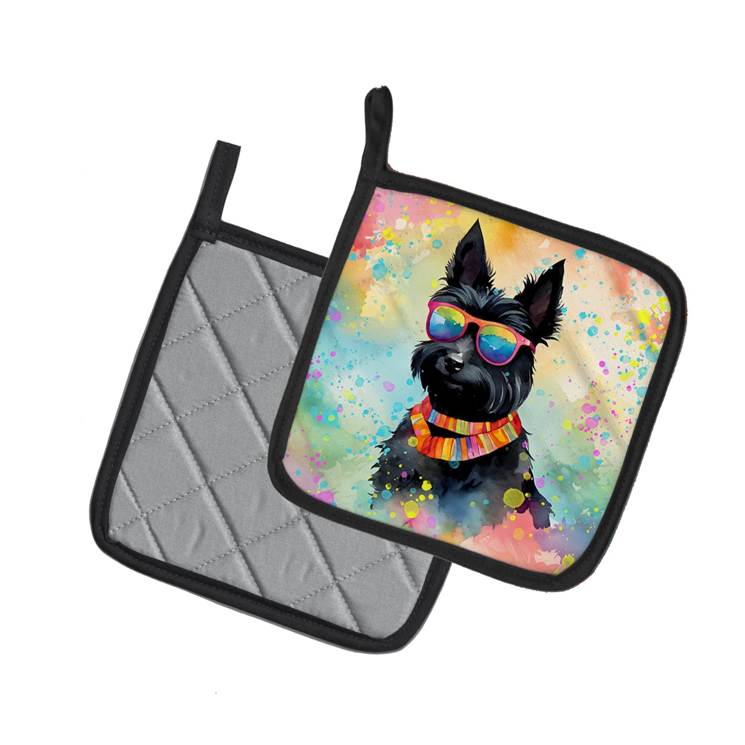 Scottish Terrier Hippie Dawg Pot Holder Set of 2 Heat Resistant Quilted Hot Pads 7.5 x 7.5 Inch, Insulated Kitchen Trivets for Cooking & Baking