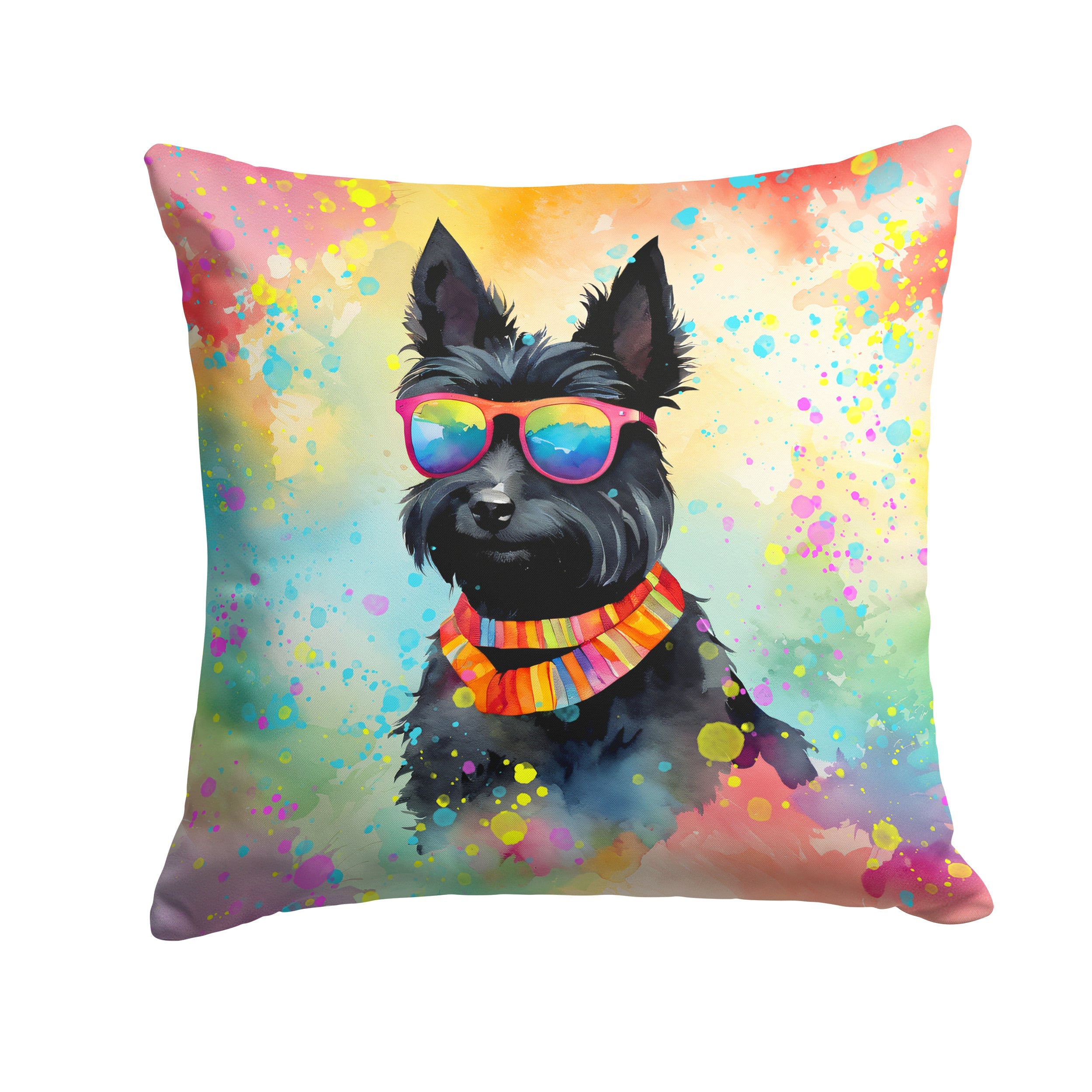 Scottish Terrier Hippie Dawg Decorative Throw Pillow 14x14 Indoor Outdoor Accent Cushion, Fabric Cover with Insert for Sofa, Bed, Porch & Living Room