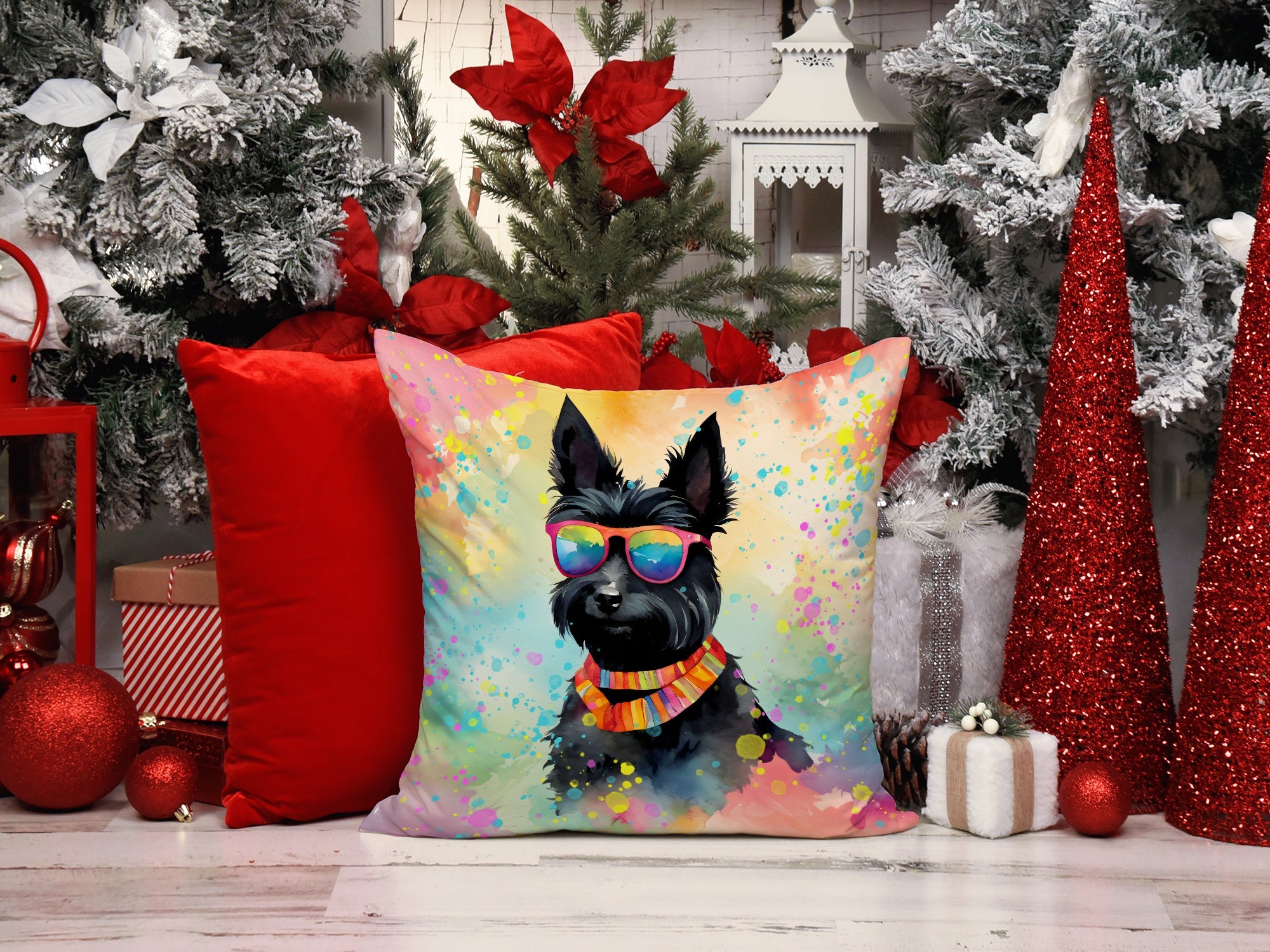 Scottish Terrier Hippie Dawg Decorative Throw Pillow 14x14 Indoor Outdoor Accent Cushion, Fabric Cover with Insert for Sofa, Bed, Porch & Living Room
