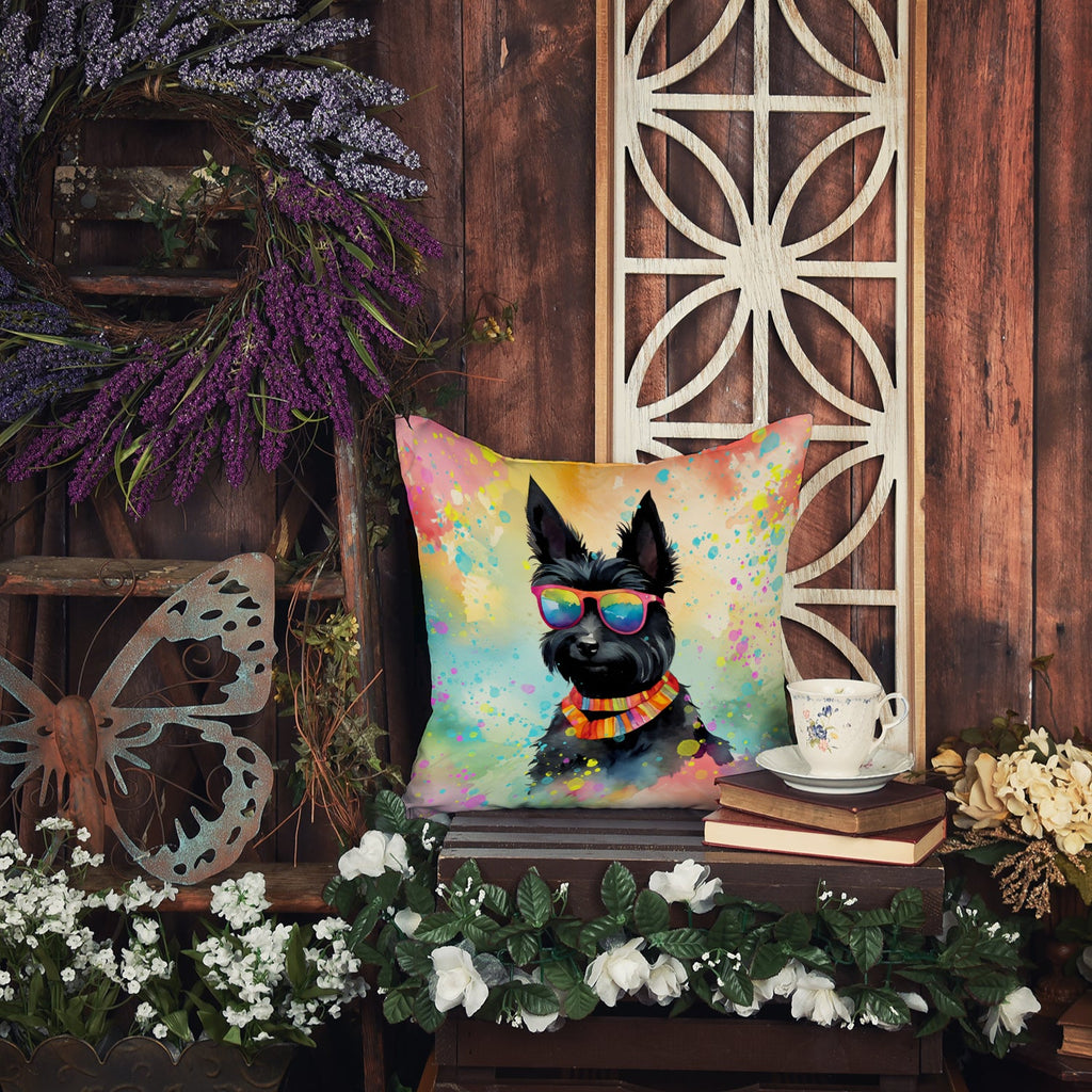 Scottish Terrier Hippie Dawg Decorative Throw Pillow 14x14 Indoor Outdoor Accent Cushion, Fabric Cover with Insert for Sofa, Bed, Porch & Living Room