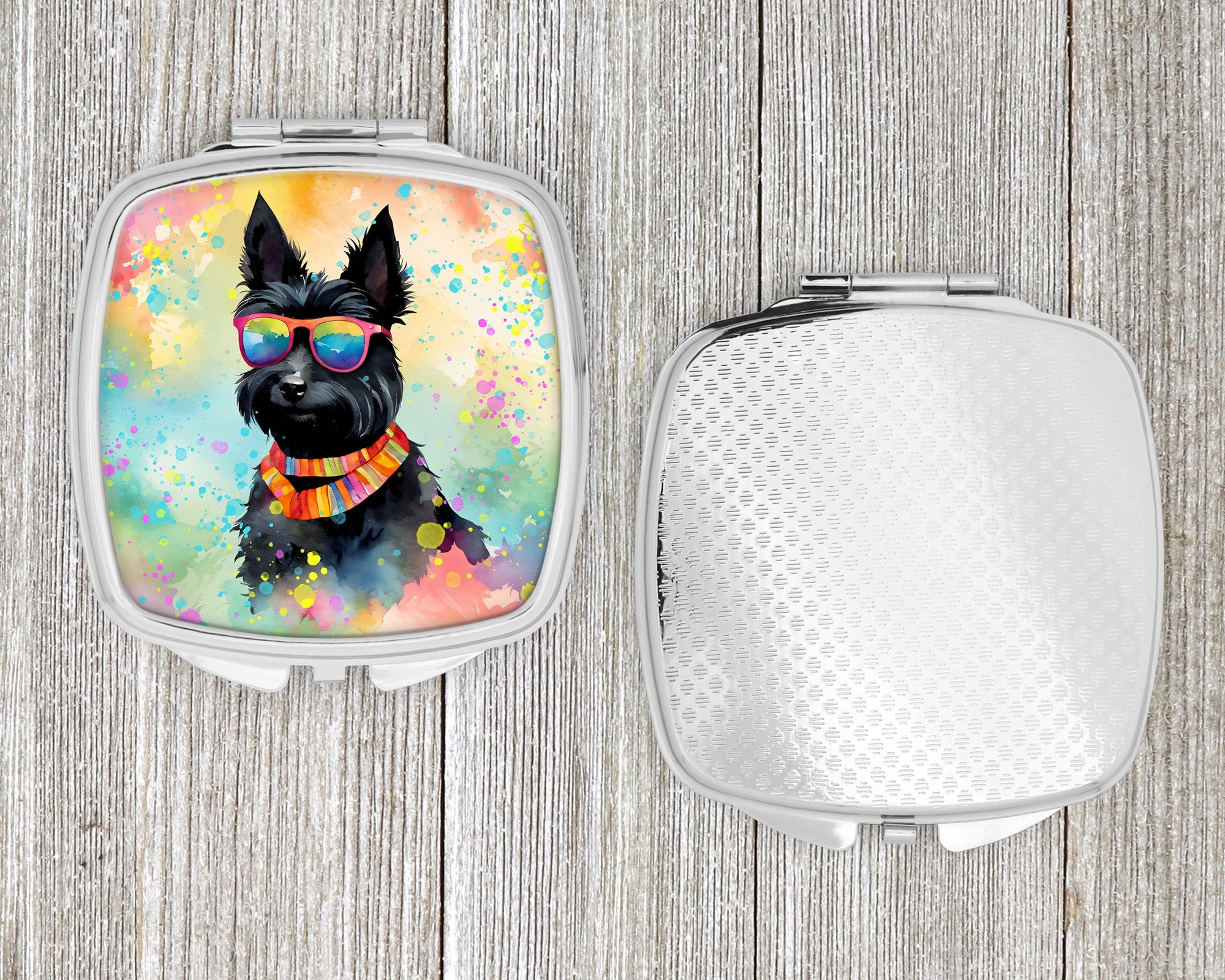 Scottish Terrier Hippie Dawg Compact Mirror Decorative Travel Makeup Mirror for Women Girls Gifts Pocket Makeup Mirror Folding Handheld