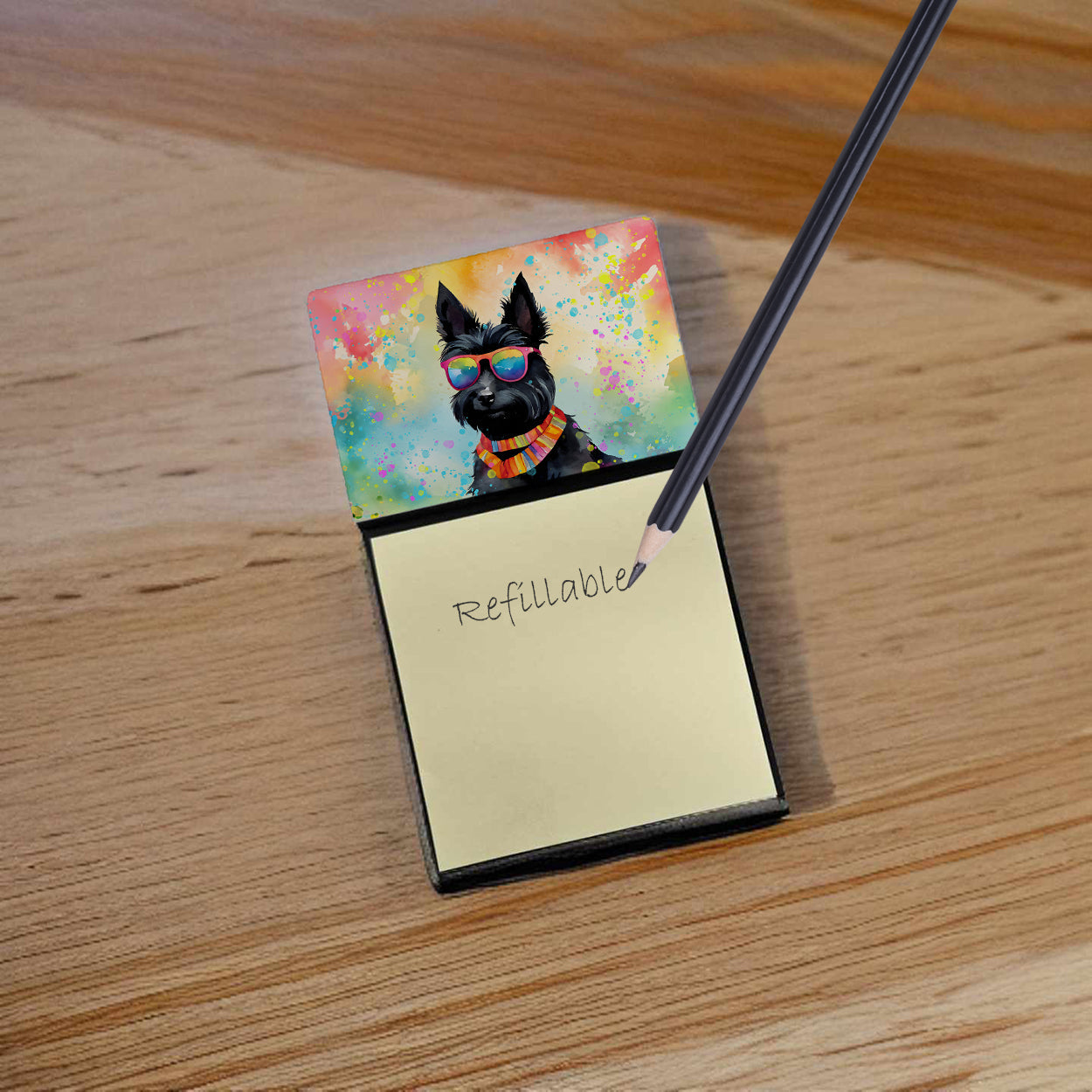 Scottish Terrier Hippie Dawg Watercolor Sticky Note Holder Refillable Dispenser Desk Accessory 3x3 Pad Gift