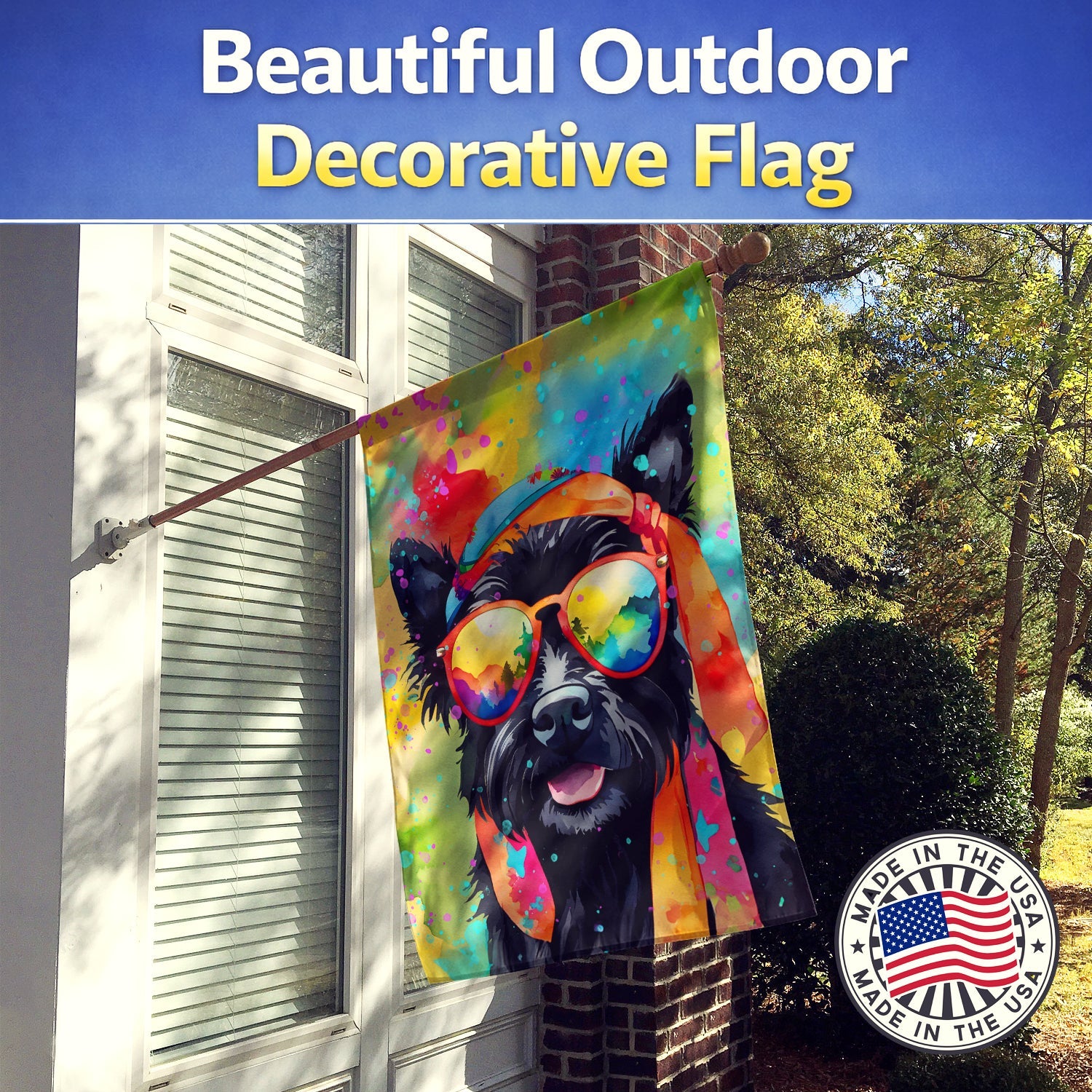 Scottish Terrier Hippie Dawg House Flag 28x40 Porch Sleeve Pole Decorative Outside Yard Banner Artwork Wall Hanging, Polyester