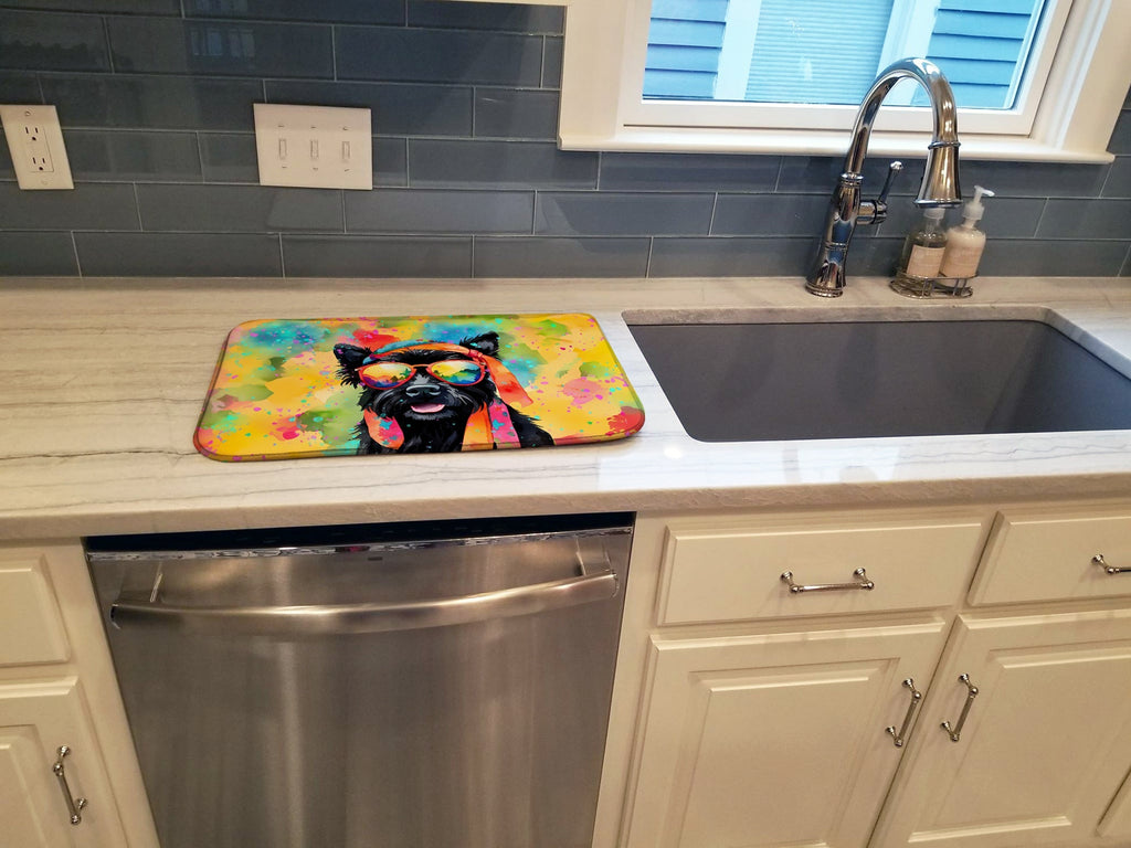 Scottish Terrier Hippie Dawg Dish Drying Mat Absorbent Dish Drying Mat Pad for Kitchen Counter Dish Drainer Mat for Countertop, 14 x 21", Multicolor