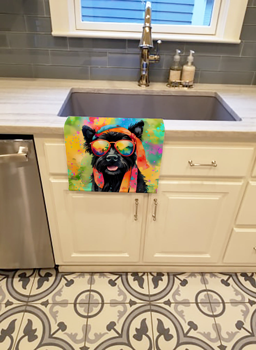 Scottish Terrier Hippie Dawg Kitchen Towel Velour Plush Front and Cotton Loop Back Machine Washable
