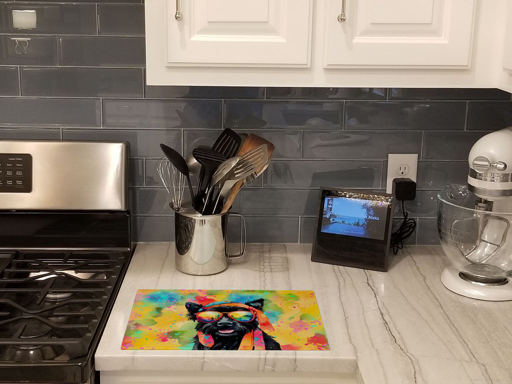 Scottish Terrier Hippie Dawg Cutting Board Tempered Glass Kitchen Cutting Surface, Heat Resistant Chopping, Non-Slip Feet, Food Prep & Serving
