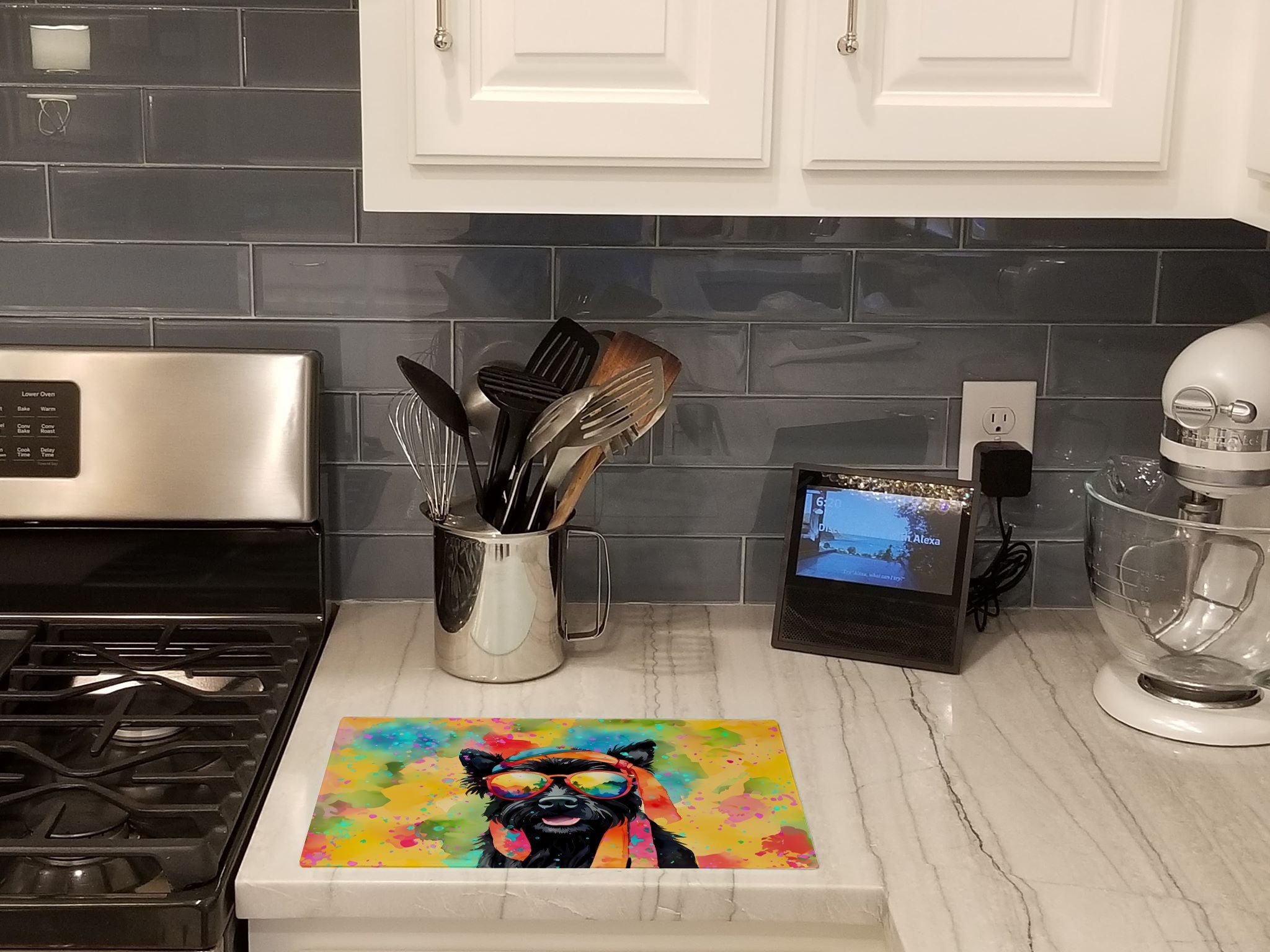 Scottish Terrier Hippie Dawg Cutting Board Tempered Glass Kitchen Cutting Surface, Heat Resistant Chopping, Non-Slip Feet, Food Prep & Serving