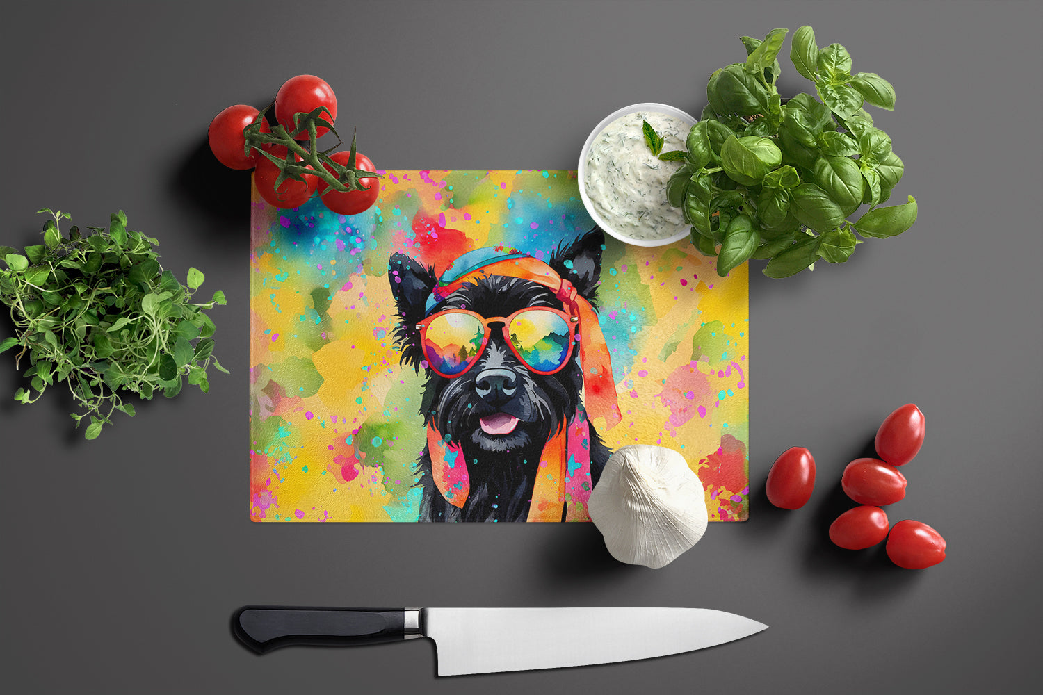 Scottish Terrier Hippie Dawg Cutting Board Tempered Glass Kitchen Cutting Surface, Heat Resistant Chopping, Non-Slip Feet, Food Prep & Serving