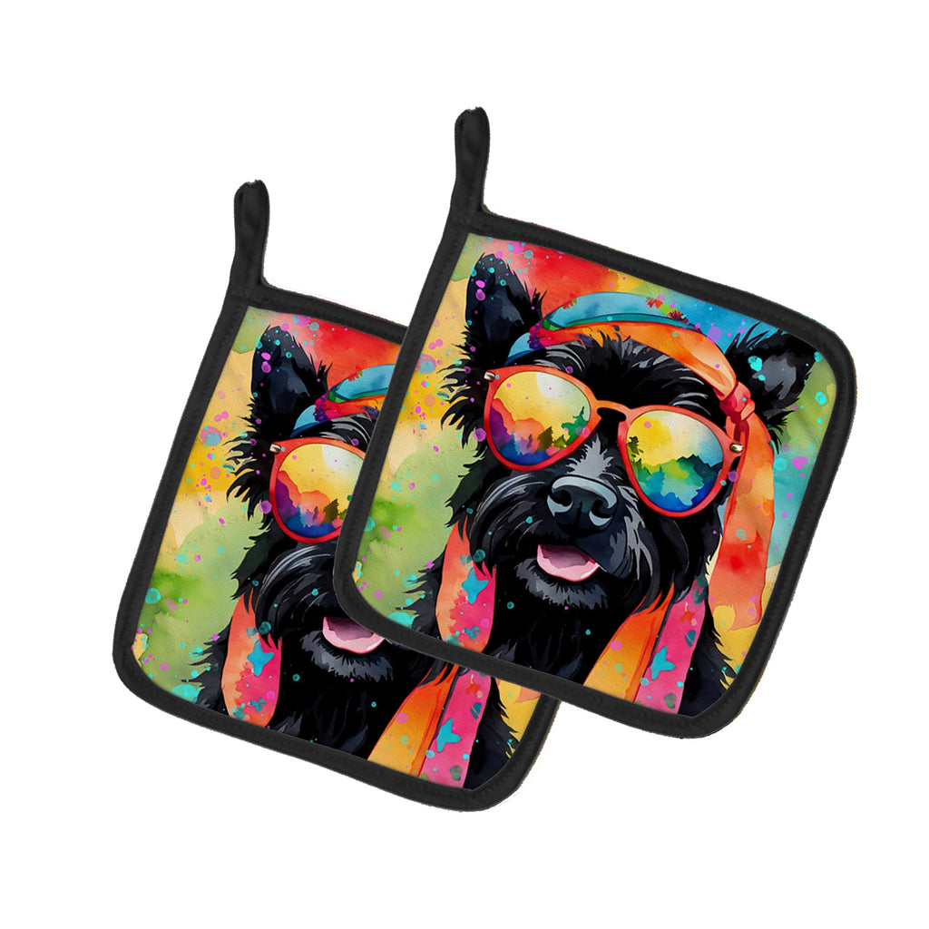 Scottish Terrier Hippie Dawg Pot Holder Set of 2 Heat Resistant Quilted Hot Pads 7.5 x 7.5 Inch, Insulated Kitchen Trivets for Cooking & Baking