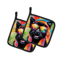 Scottish Terrier Hippie Dawg Pot Holder Set of 2 Heat Resistant Quilted Hot Pads 7.5 x 7.5 Inch, Insulated Kitchen Trivets for Cooking & Baking