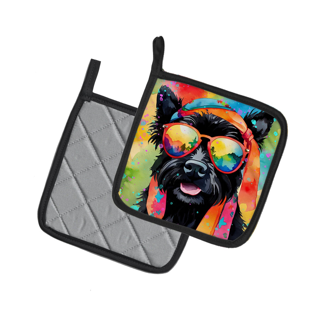 Scottish Terrier Hippie Dawg Pot Holder Set of 2 Heat Resistant Quilted Hot Pads 7.5 x 7.5 Inch, Insulated Kitchen Trivets for Cooking & Baking