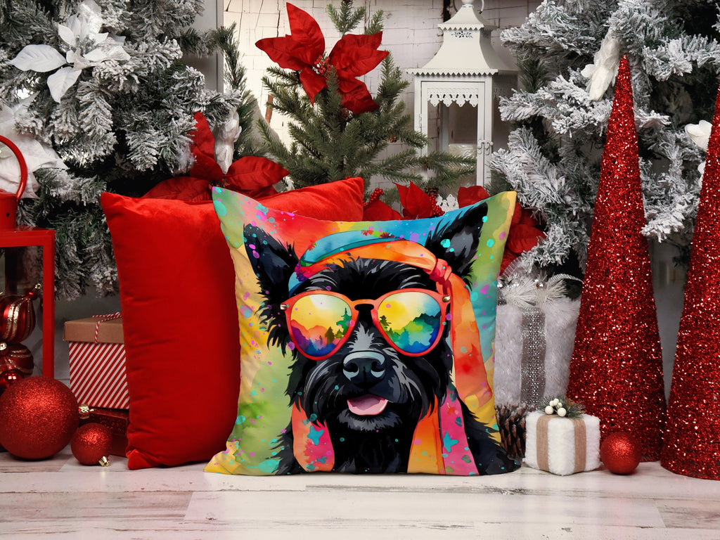 Scottish Terrier Hippie Dawg Decorative Throw Pillow 14x14 Indoor Outdoor Accent Cushion, Fabric Cover with Insert for Sofa, Bed, Porch & Living Room