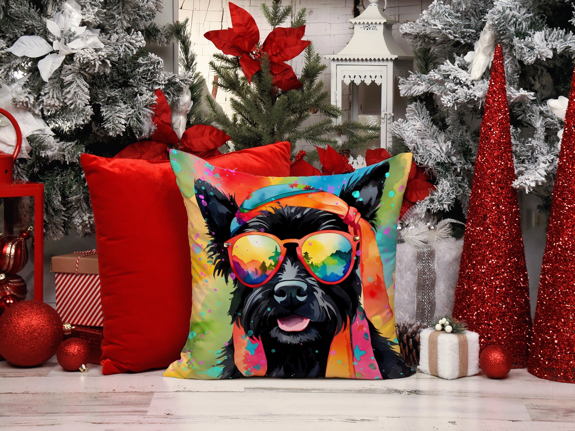Scottish Terrier Hippie Dawg Decorative Throw Pillow 14x14 Indoor Outdoor Accent Cushion, Fabric Cover with Insert for Sofa, Bed, Porch & Living Room