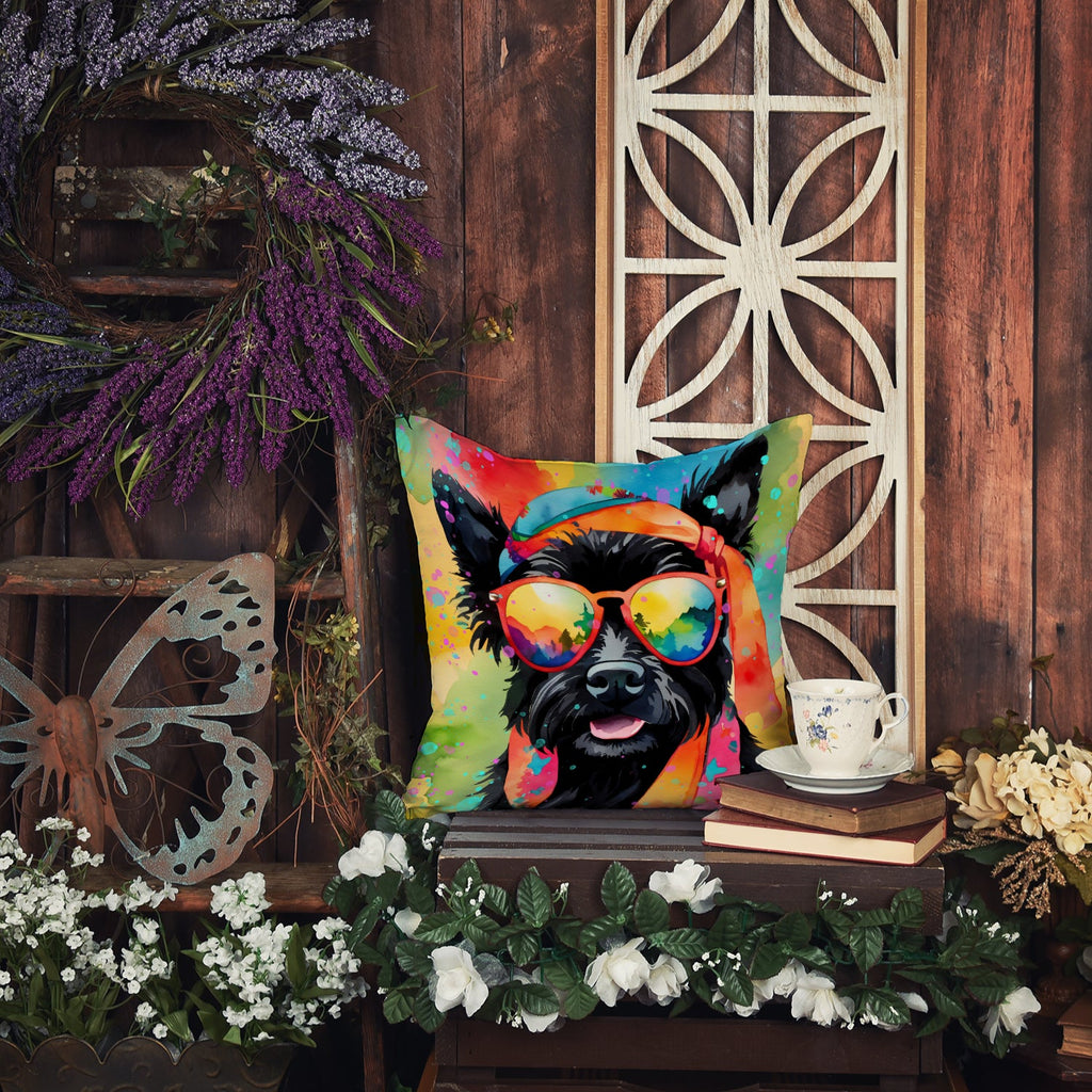 Scottish Terrier Hippie Dawg Decorative Throw Pillow 14x14 Indoor Outdoor Accent Cushion, Fabric Cover with Insert for Sofa, Bed, Porch & Living Room