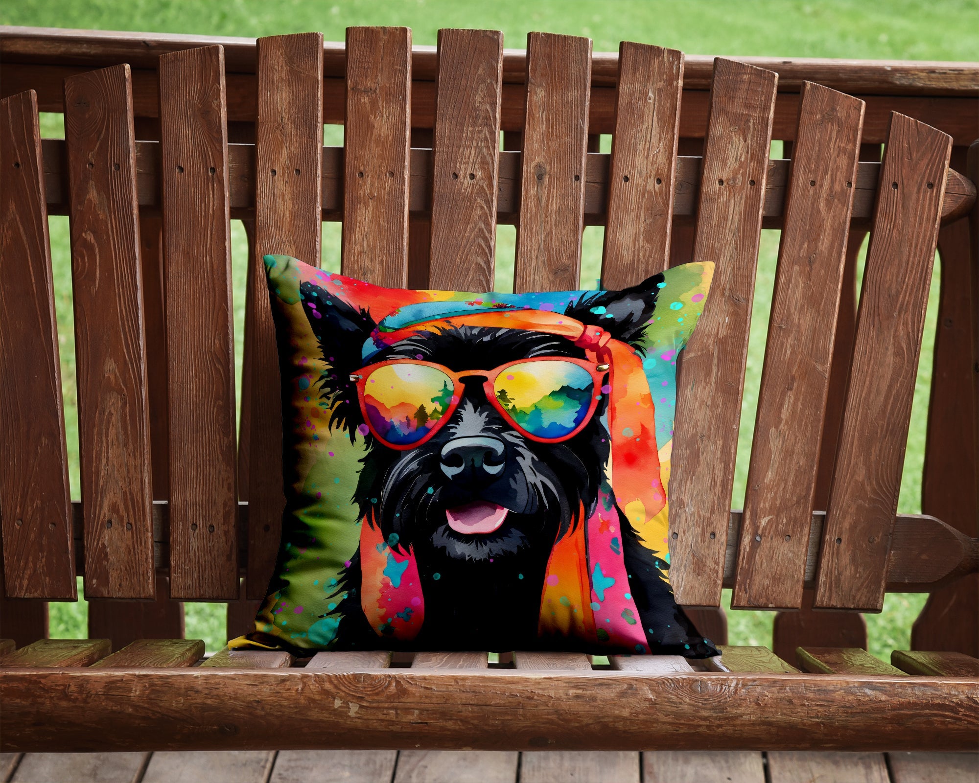 Scottish Terrier Hippie Dawg Decorative Throw Pillow 14x14 Indoor Outdoor Accent Cushion, Fabric Cover with Insert for Sofa, Bed, Porch & Living Room