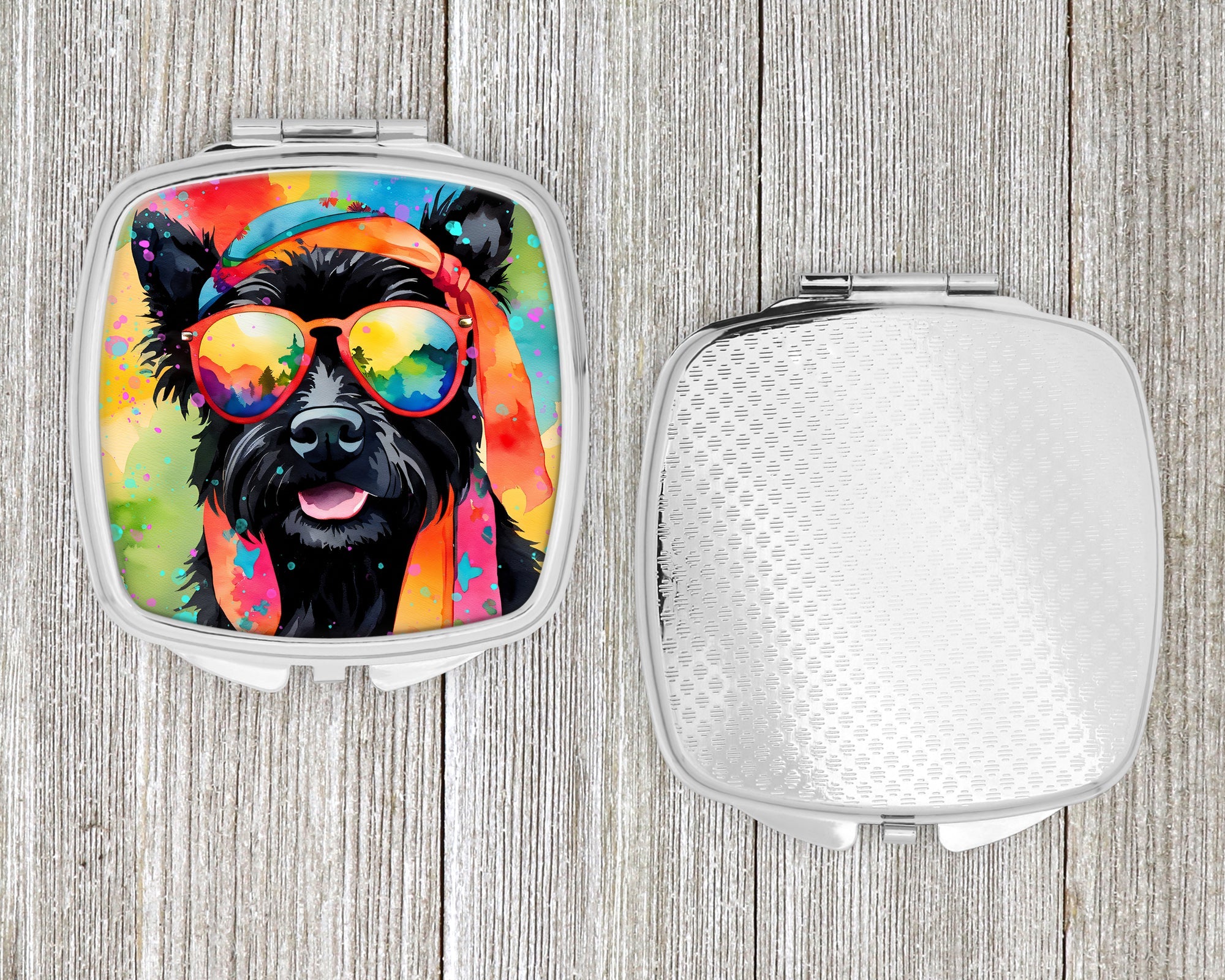 Scottish Terrier Hippie Dawg Compact Mirror Decorative Travel Makeup Mirror for Women Girls Gifts Pocket Makeup Mirror Folding Handheld