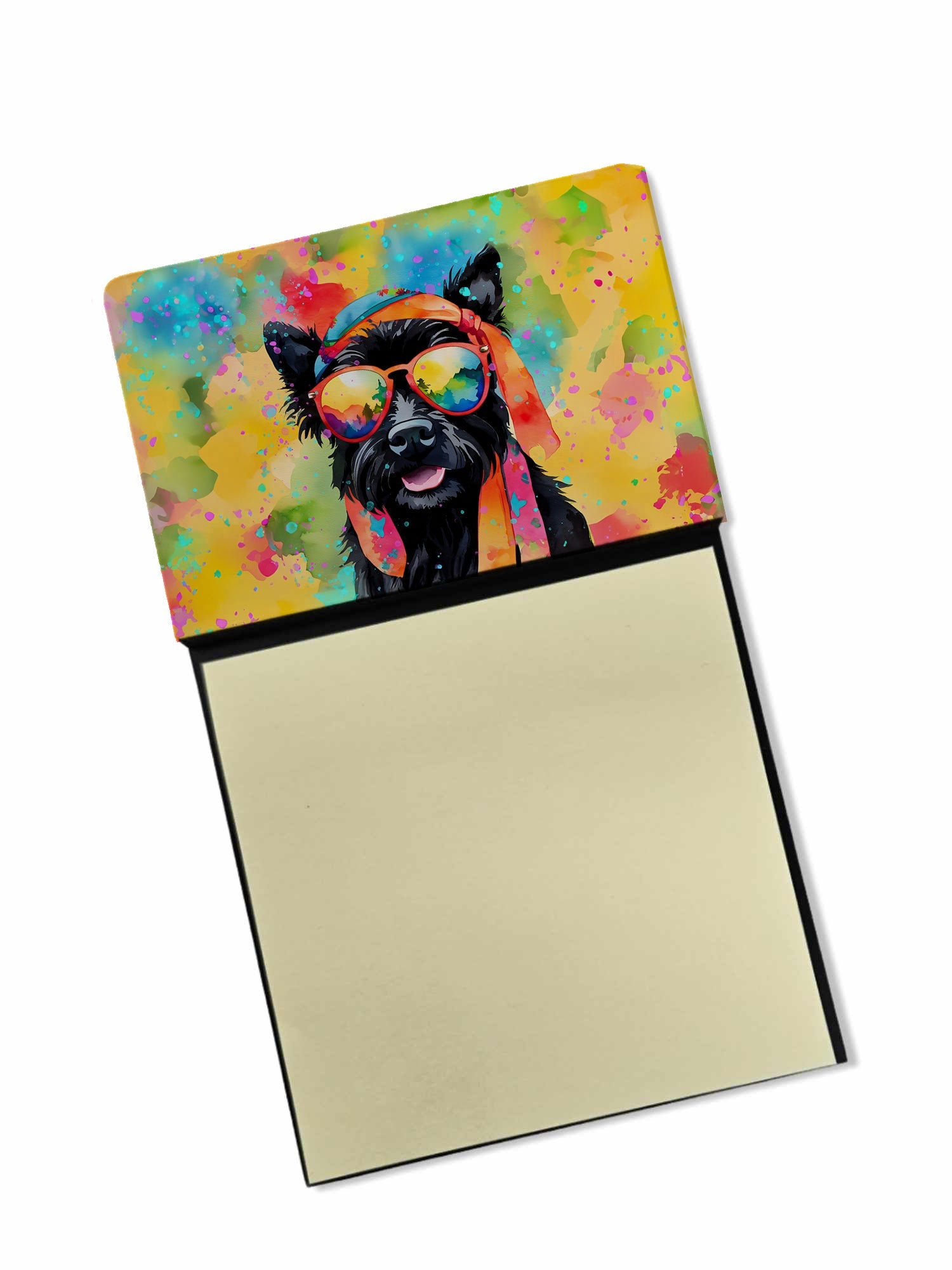 Scottish Terrier Hippie Dawg Watercolor Sticky Note Holder Refillable Dispenser Desk Accessory 3x3 Pad Gift