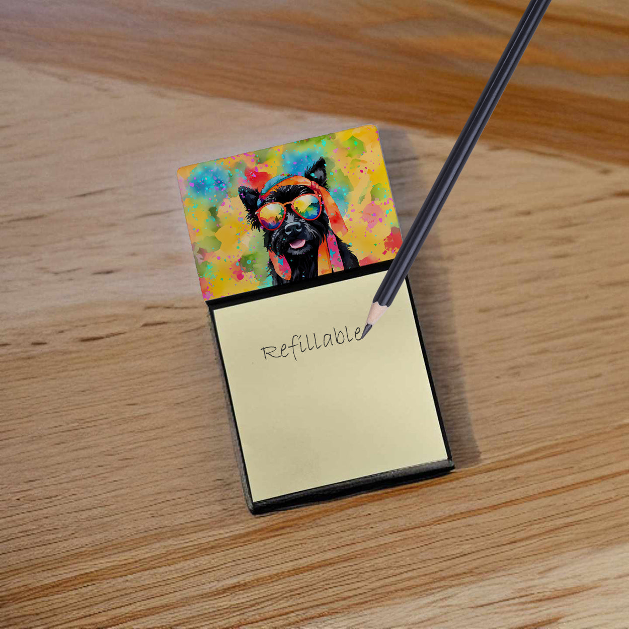Scottish Terrier Hippie Dawg Watercolor Sticky Note Holder Refillable Dispenser Desk Accessory 3x3 Pad Gift